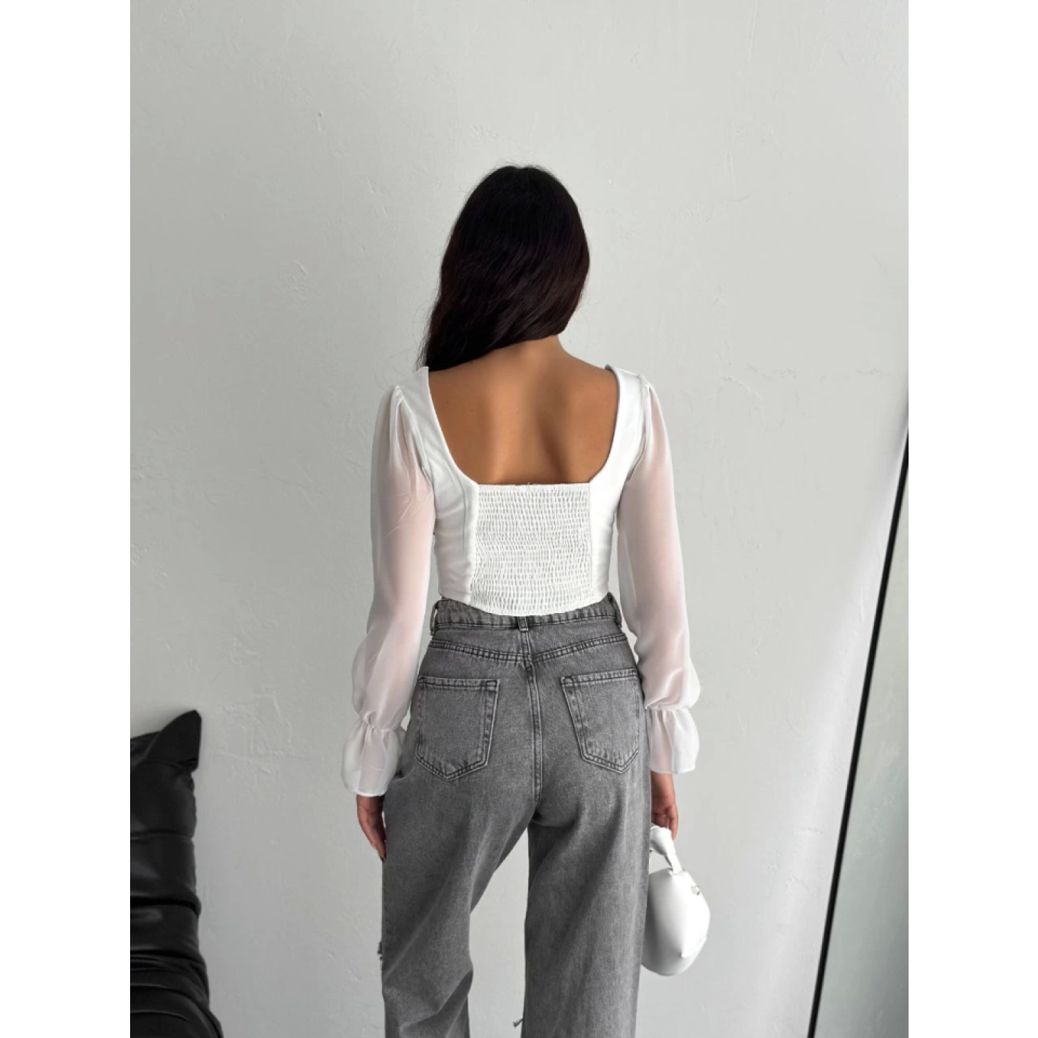 Lucky Life Kadın Sırt Dekolteli Bağacıklı Uzun Kollu Bluz - Beyaz