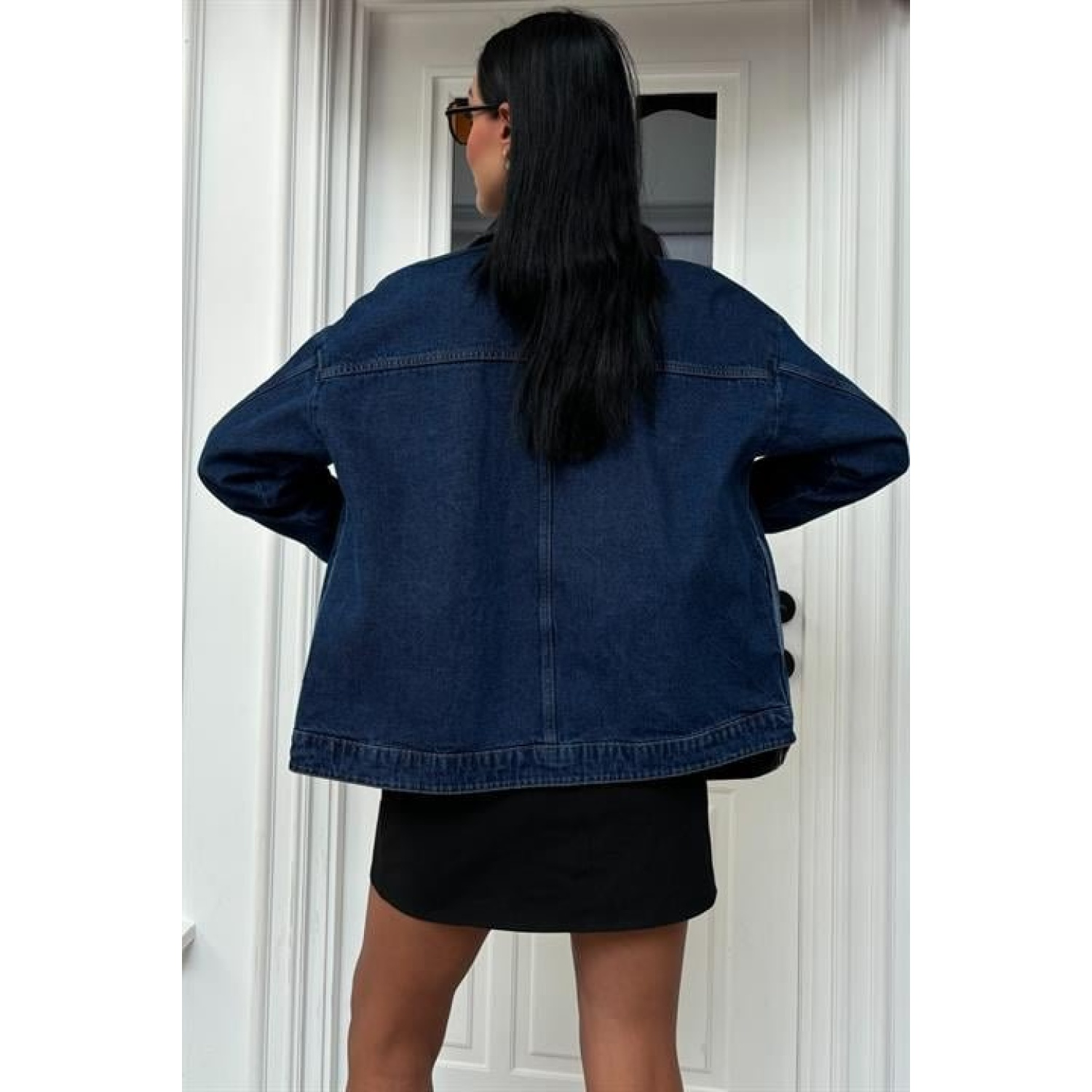 Lucky Life Kadın Yaka Siyah Garni Pul Payet Taşlı Oversize Denim