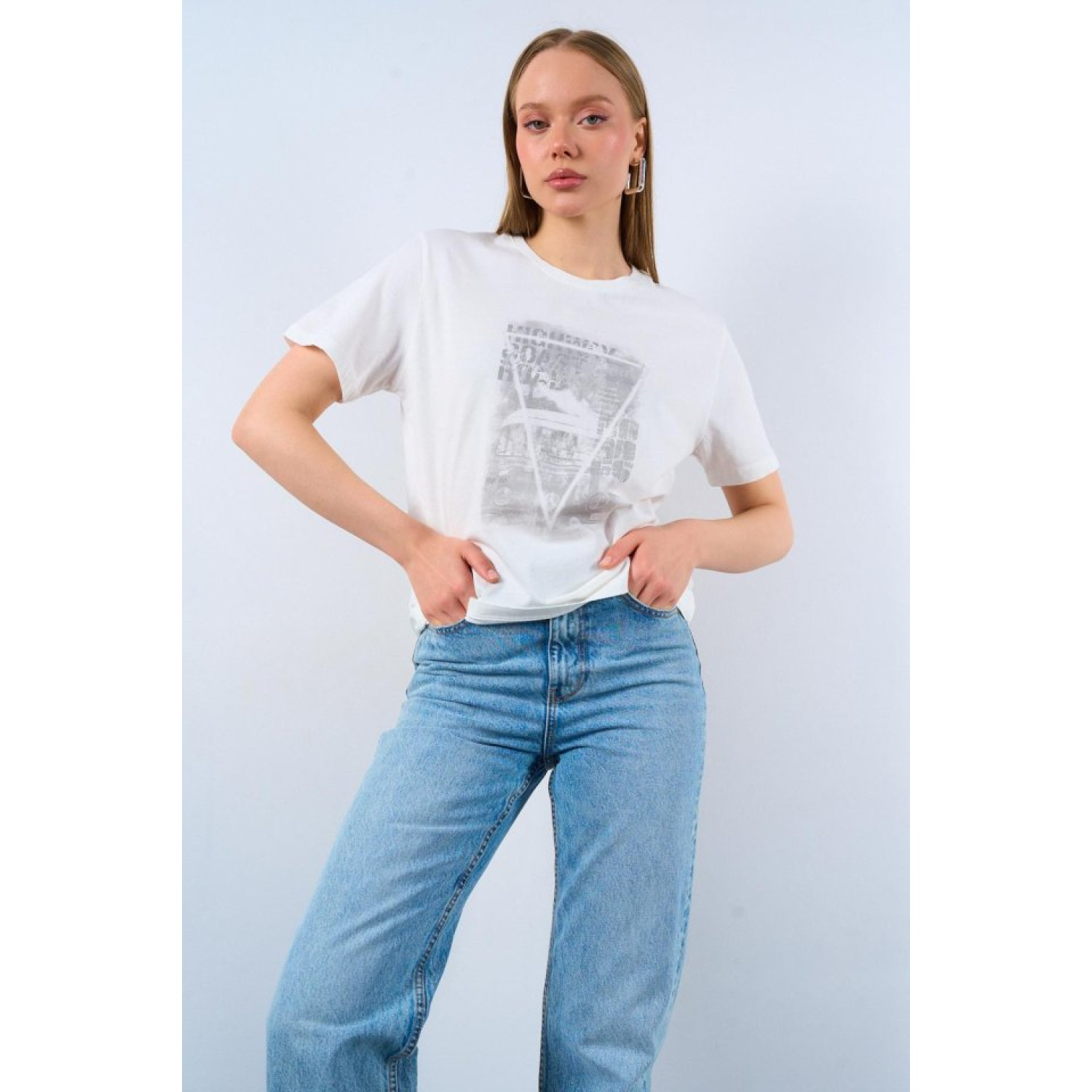 Lucky Life Kadın Baskılı T-shirt - Krem