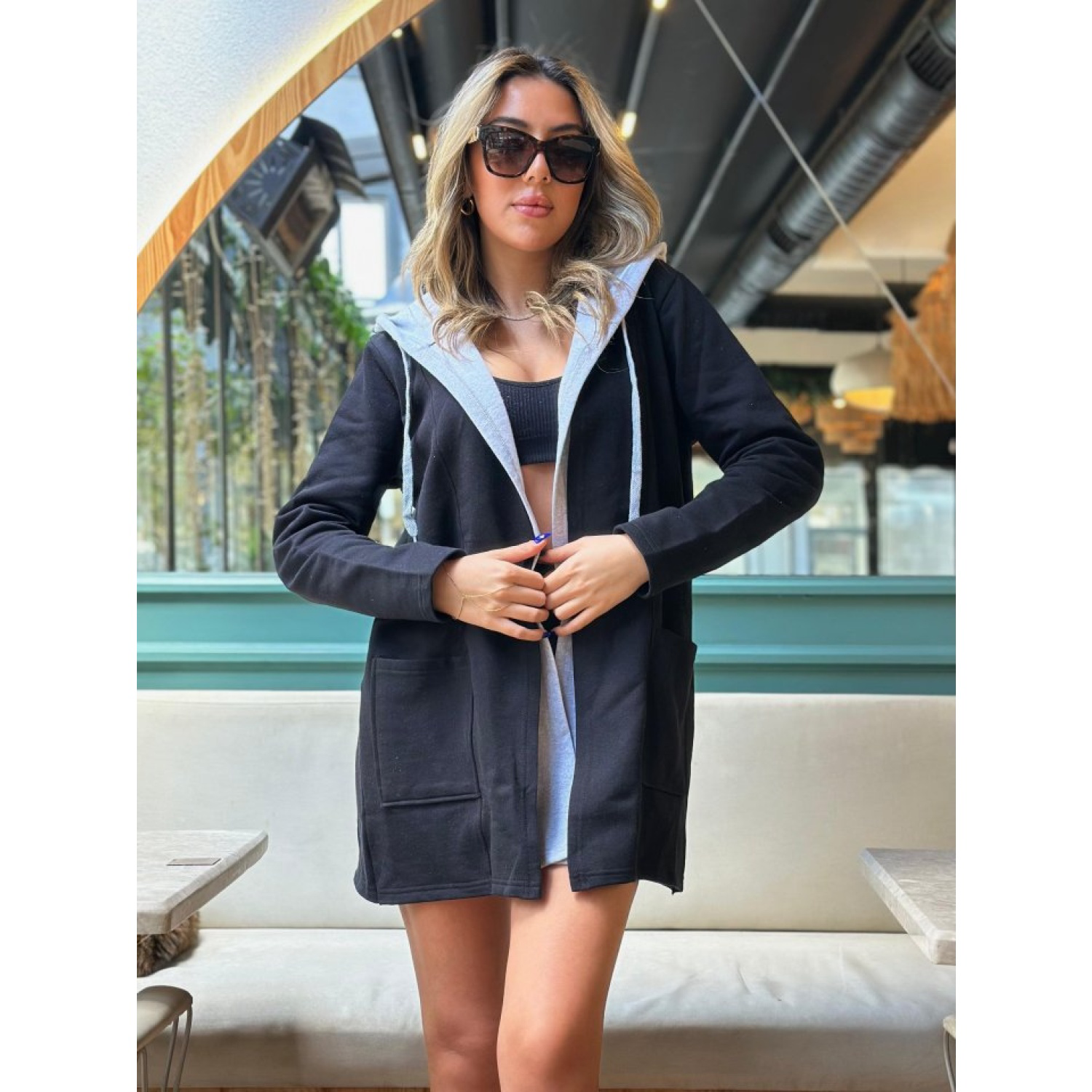 Lucky Life Kadın Uzun Kollu Kapşonlu Bağcıklı Cepli Iki Iplik Cek