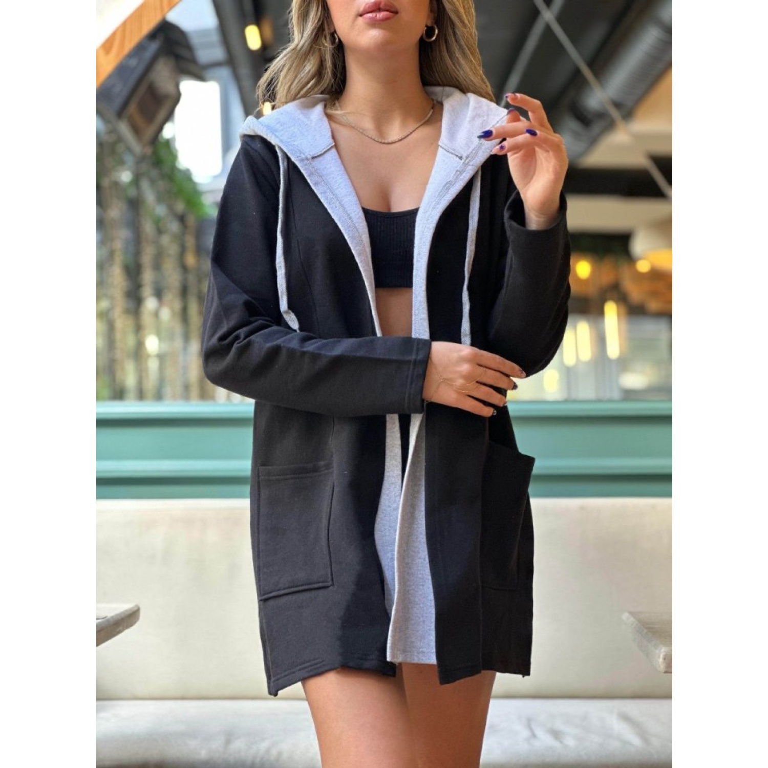 Lucky Life Kadın Uzun Kollu Kapşonlu Bağcıklı Cepli Iki Iplik Cek