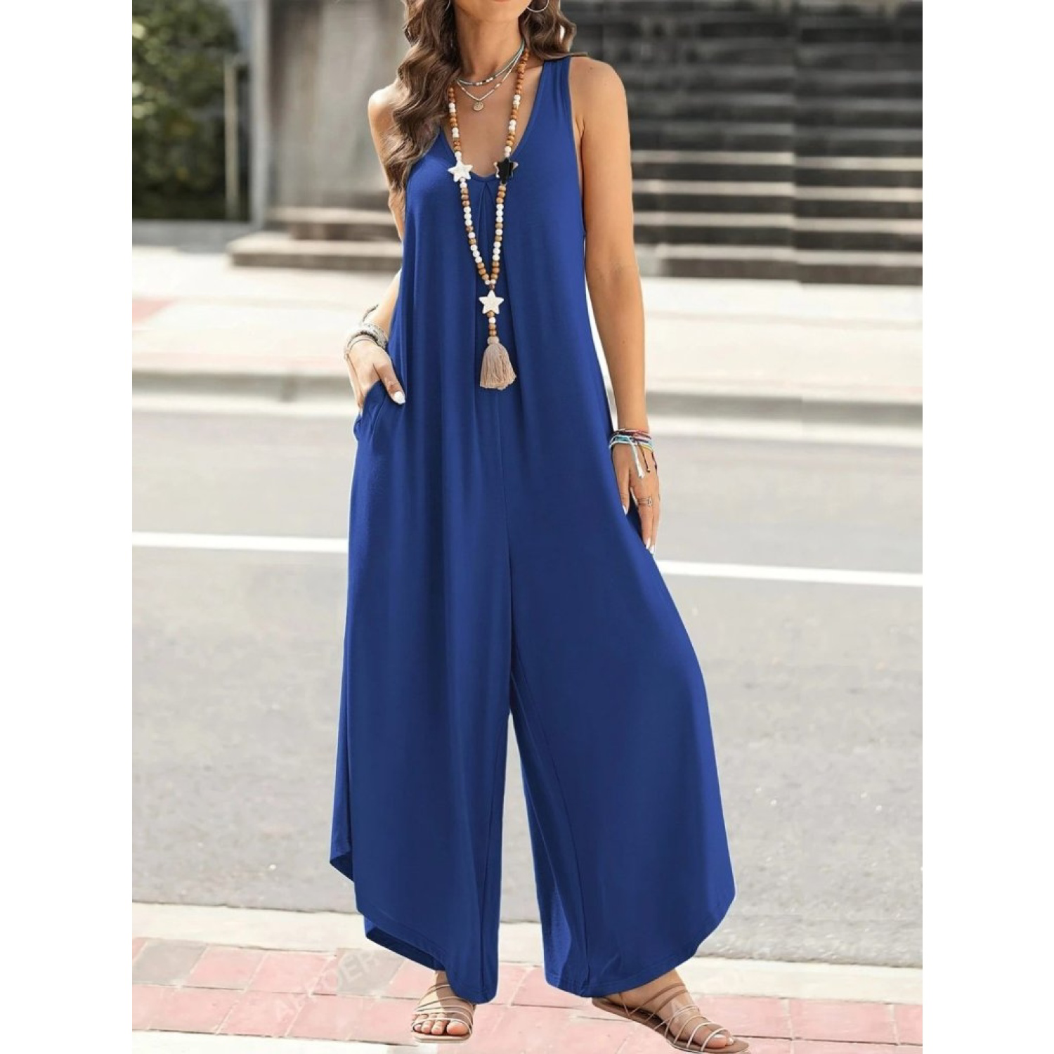 Lucky Life Kadın Askılı Yuvarlak Yaka Cepli Salaş Uzun Viskon Tul