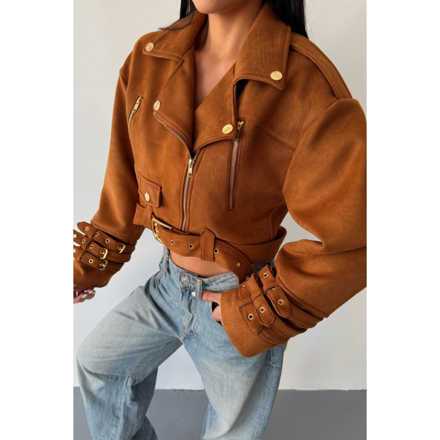 Lucky Life Kadın SÜET CROP CEKET KOL 3 KEMER DETAYLI - Taba