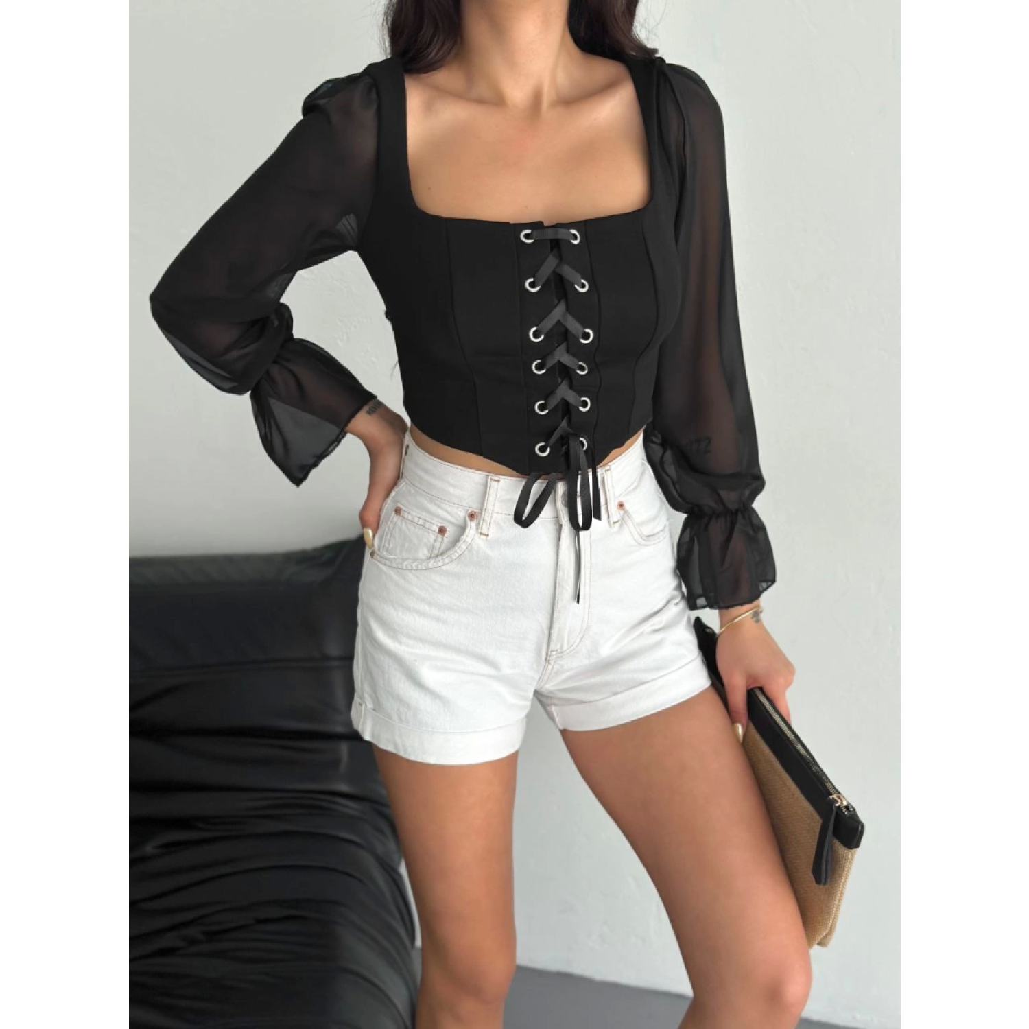 Lucky Life Kadın Sırt Dekolteli Bağacıklı Uzun Kollu Bluz - Siyah