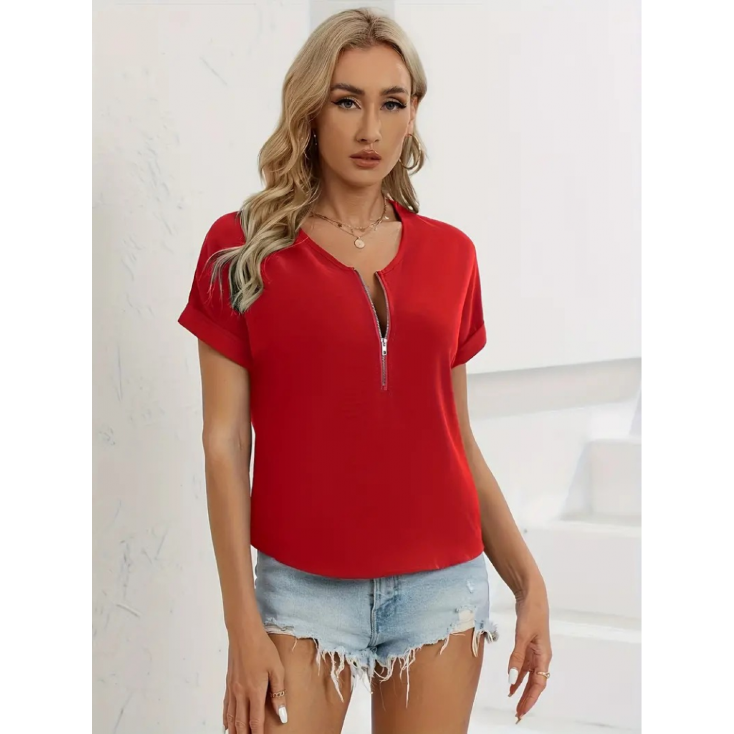 Lucky Life Kadın Kısa Kollu V Yaka Fermuarlı Salaş Sandy Bluz Lucky Life Kadın Kısa Kollu V Yaka Fermuarlı Salaş Sandy Bluz
