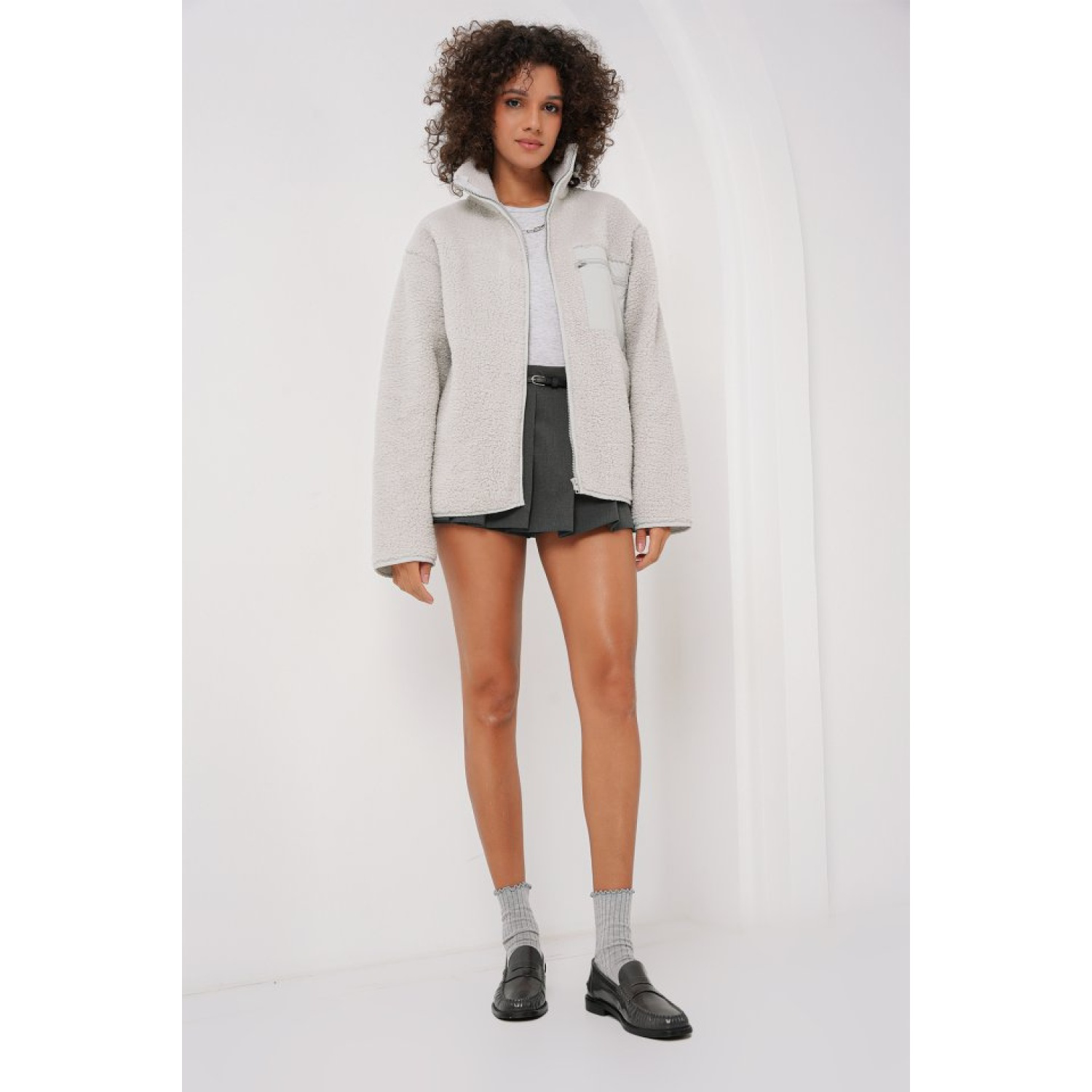 Lucky Life Kadın Fermuarlı Oversize Peluş Ceket - Taş