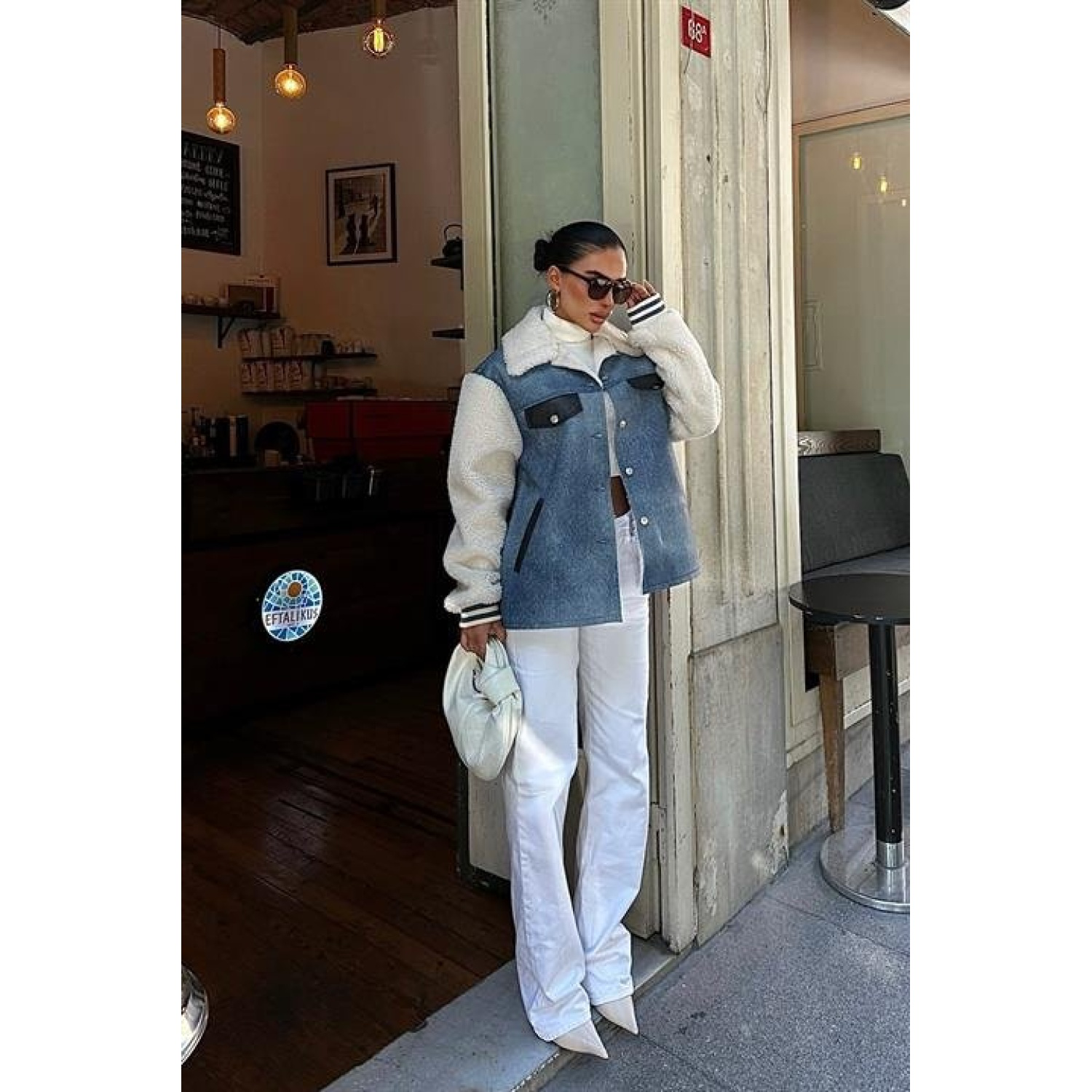 Lucky Life Kadın İçi Kürklü Deri Garnili Denim Görünümlü Ceket