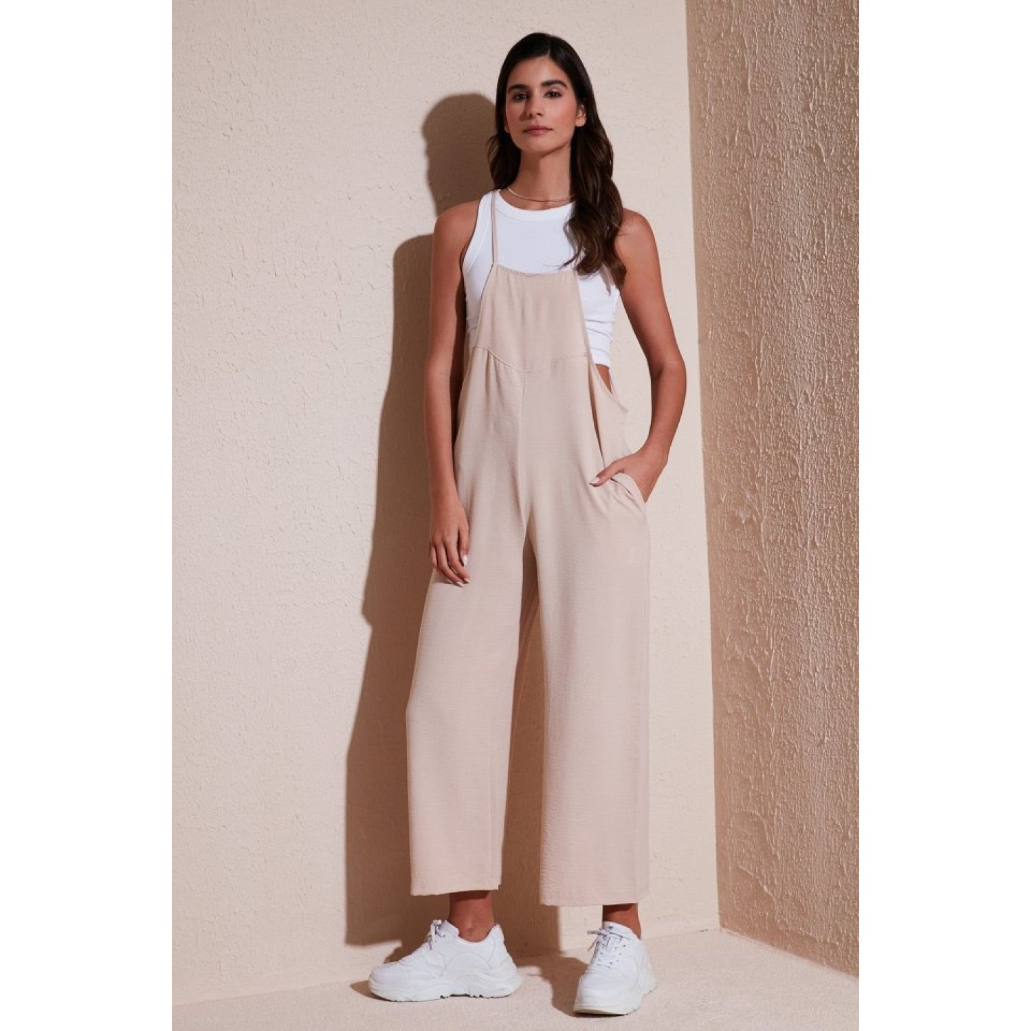 Lucky Life Kadın  Askılı Bahçivan Tulum - Krem