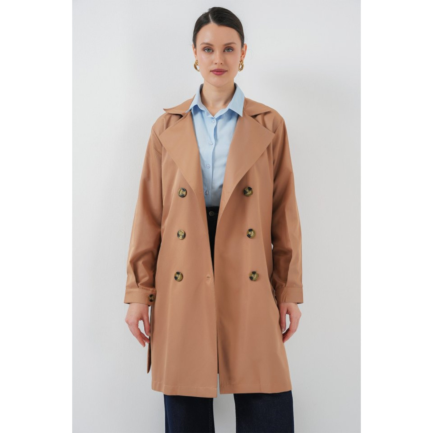 Lucky Life Kadın Kruvaze Yaka Kısa Trençkot - Taba