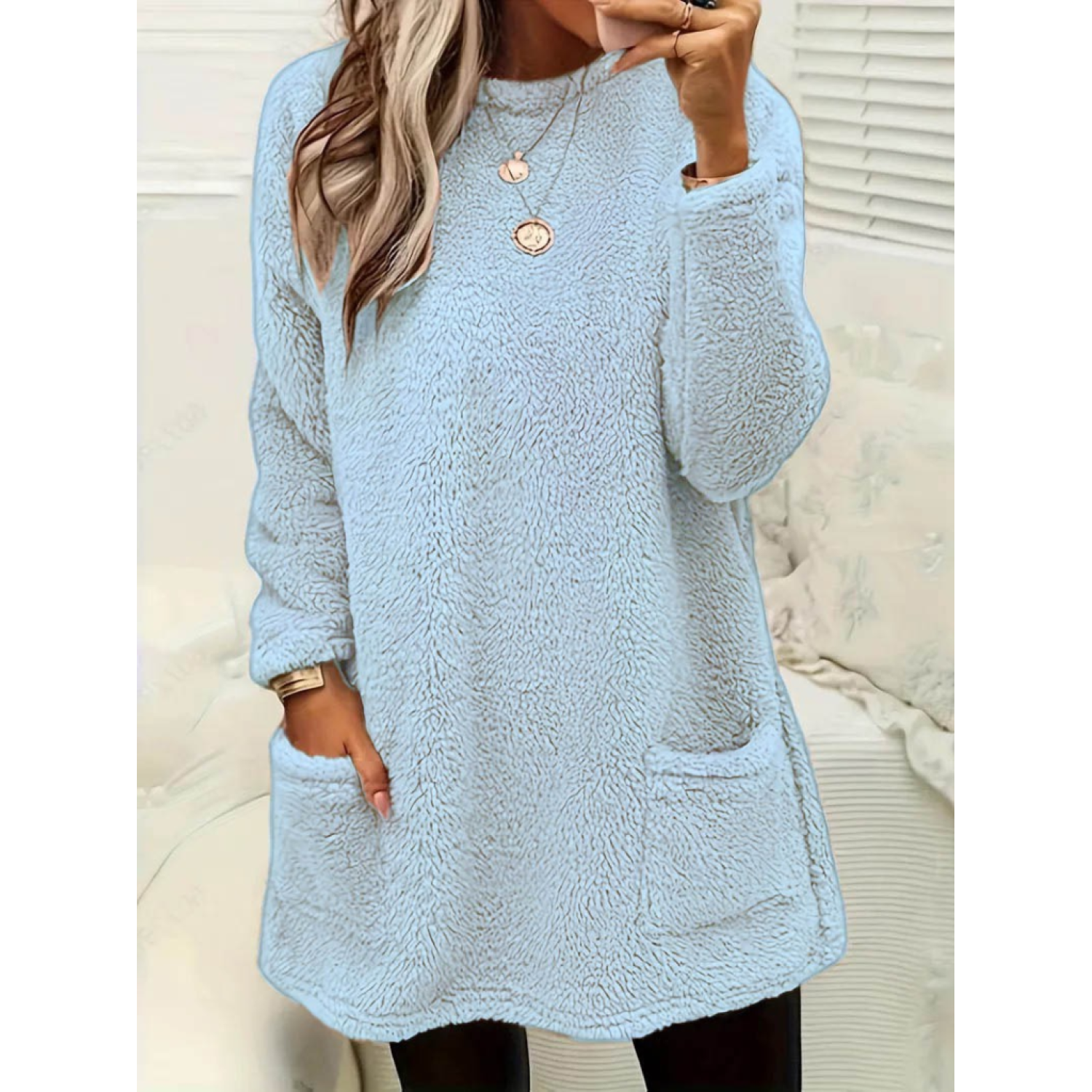 Lucky Life Kadın Uzun Kollu Yuvarlak Yakalı Cepli Peluş Bluz