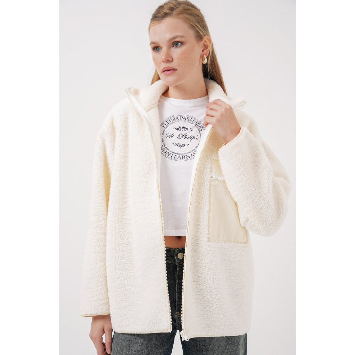 Lucky Life Kadın Fermuarlı Oversize Peluş Mont - Bej