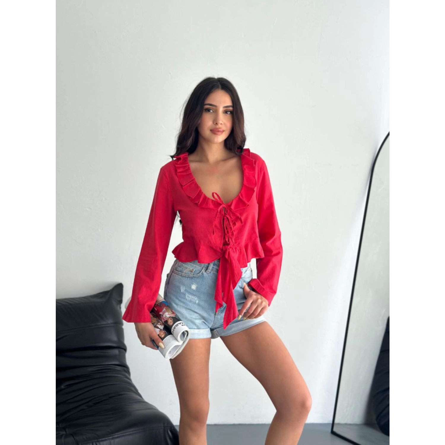 Lucky Life Kadın Keten Uzun Kol Bağacık Detaylı Bluz - Kırmızı Lucky Life Kadın Keten Uzun Kol Bağacık Detaylı Bluz - Kırmızı