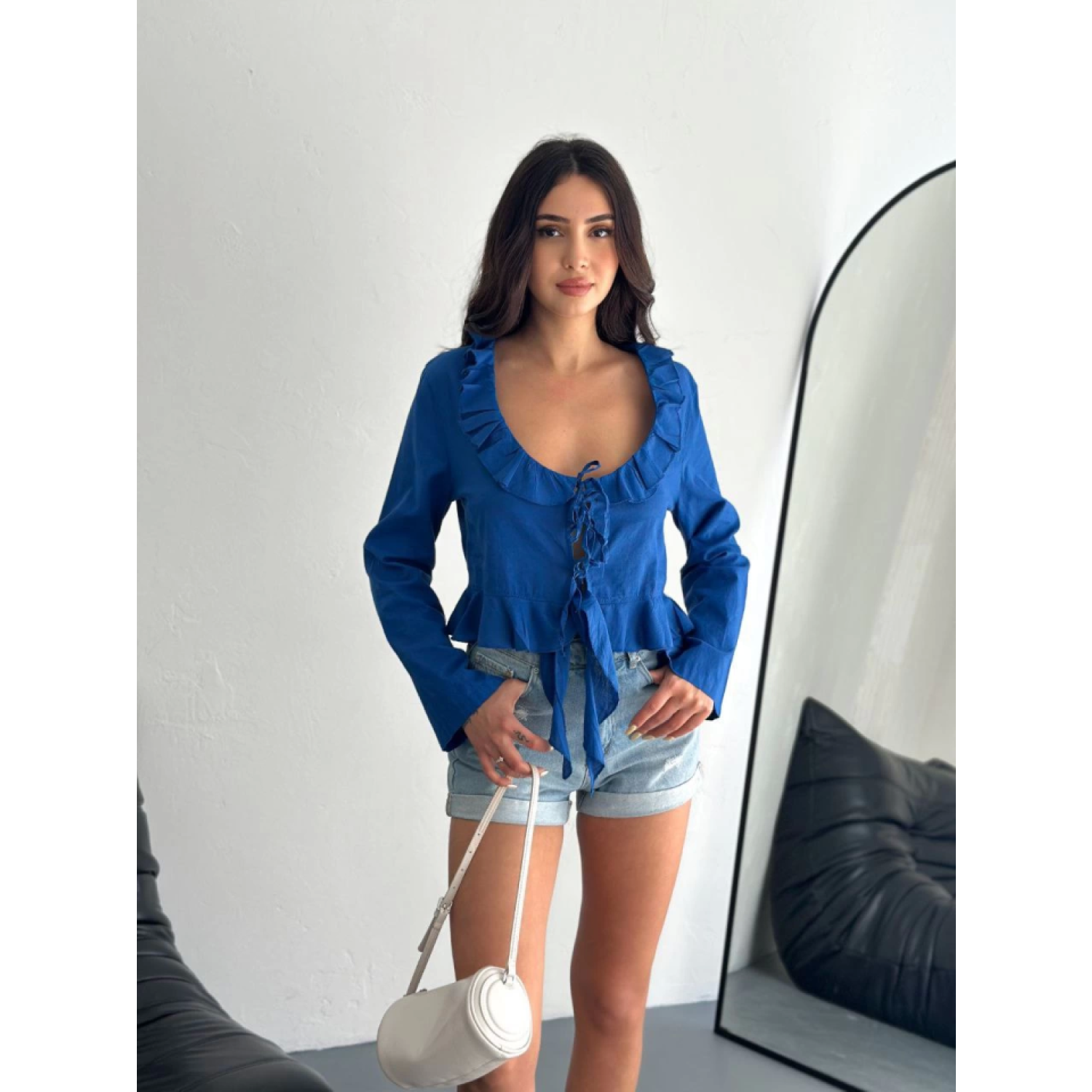 Lucky Life Kadın Keten Uzun Kol Bağacık Detaylı Bluz - Lacivert