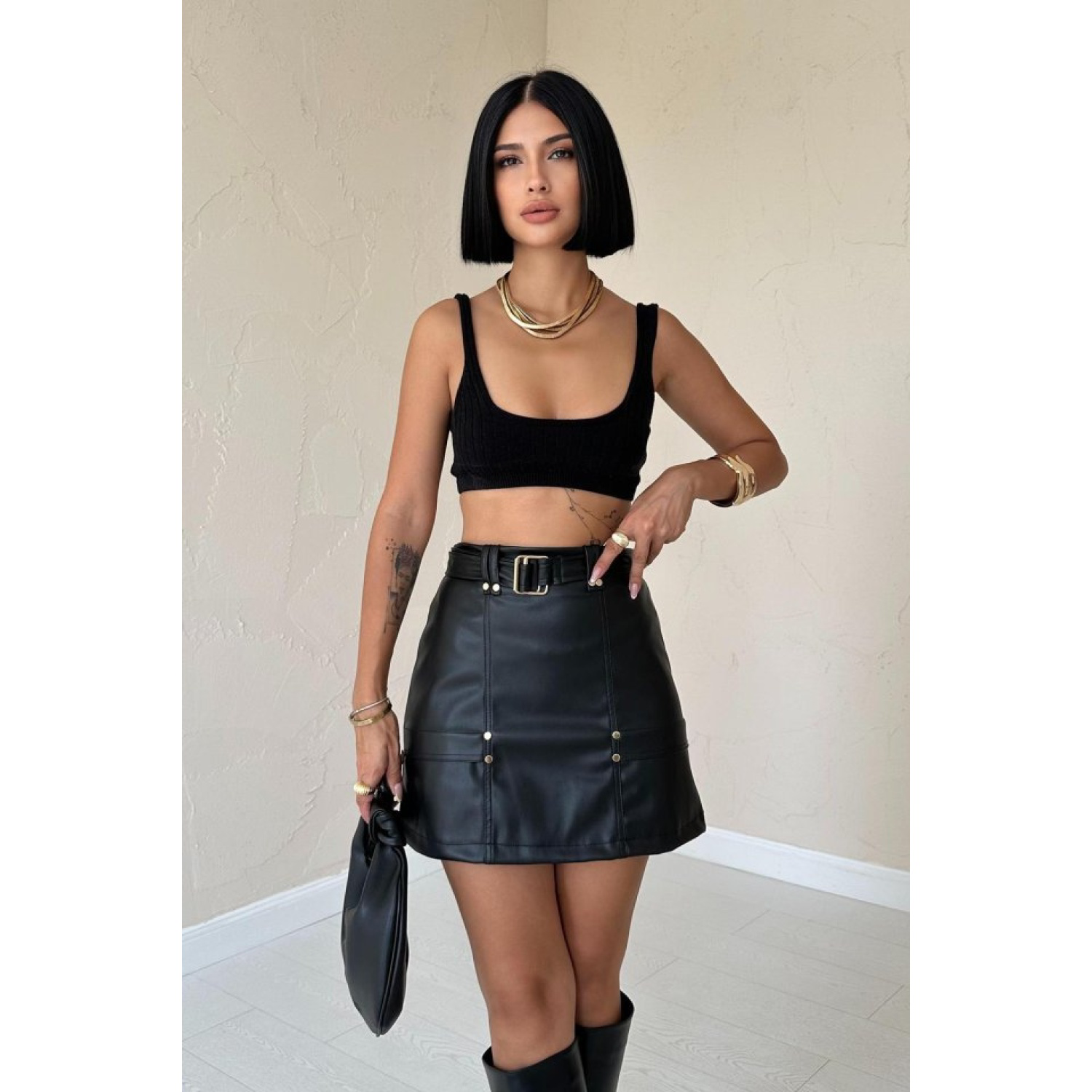 Lucky Life Kadın Siyah Kemerli Mini Deri Etek