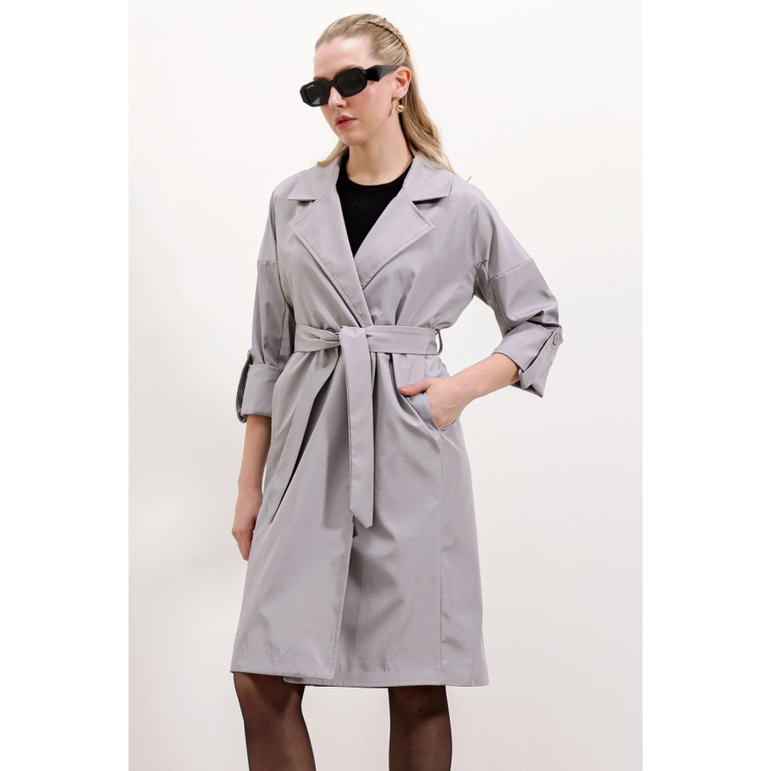 Lucky Life Kadın  Kruvaze Yaka Astarlı Trençkot - Gri