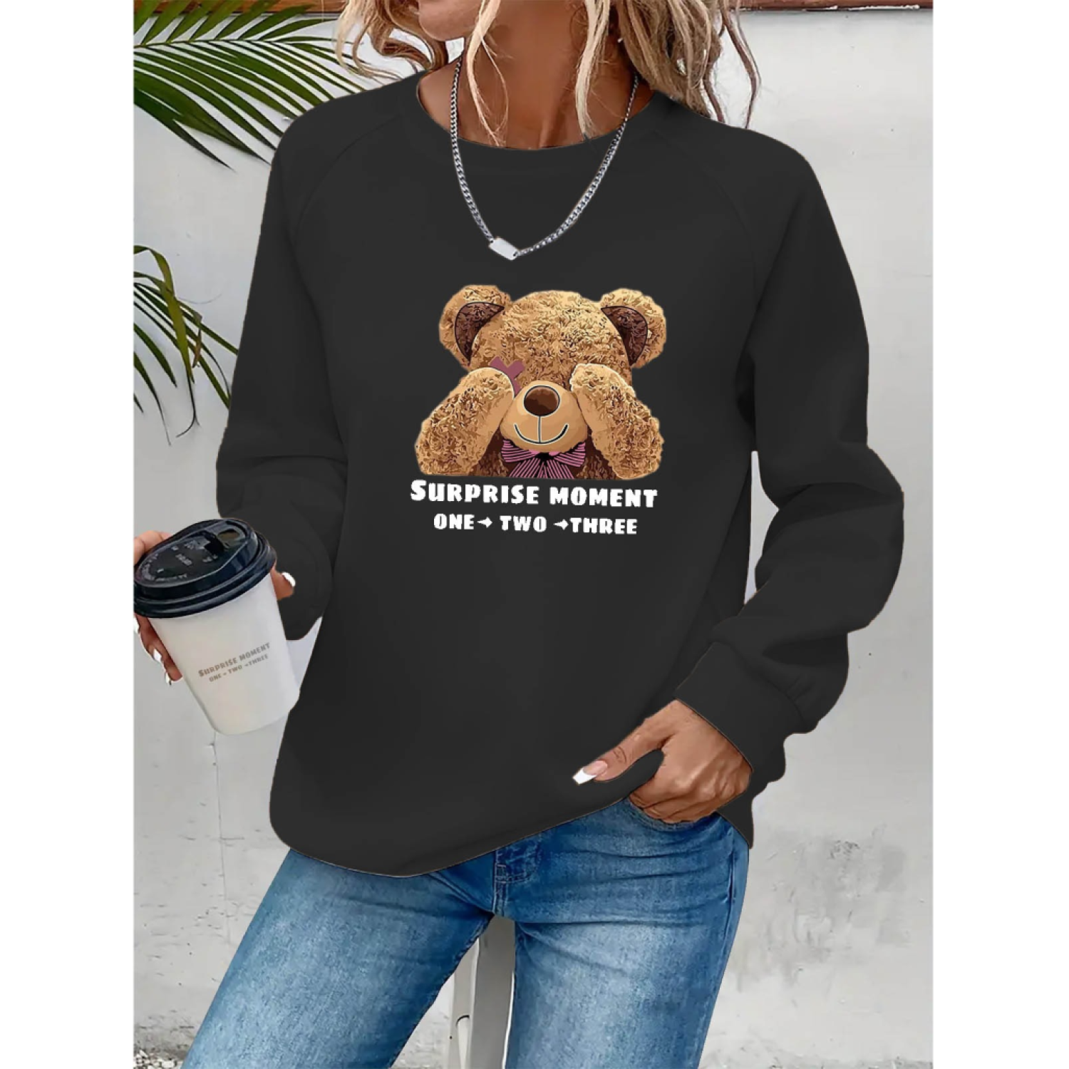 Lucky Life Kadın Uzun Kollu Bisiklet Yaka Ayıcık Desenli Viskon I