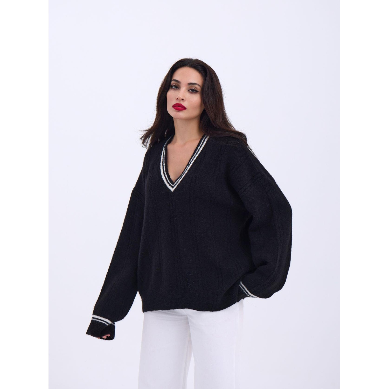 Lucky Life Kadın TRİKO V YAKA ÇİZGİLİ KAZAK-SİYAH-EKRU