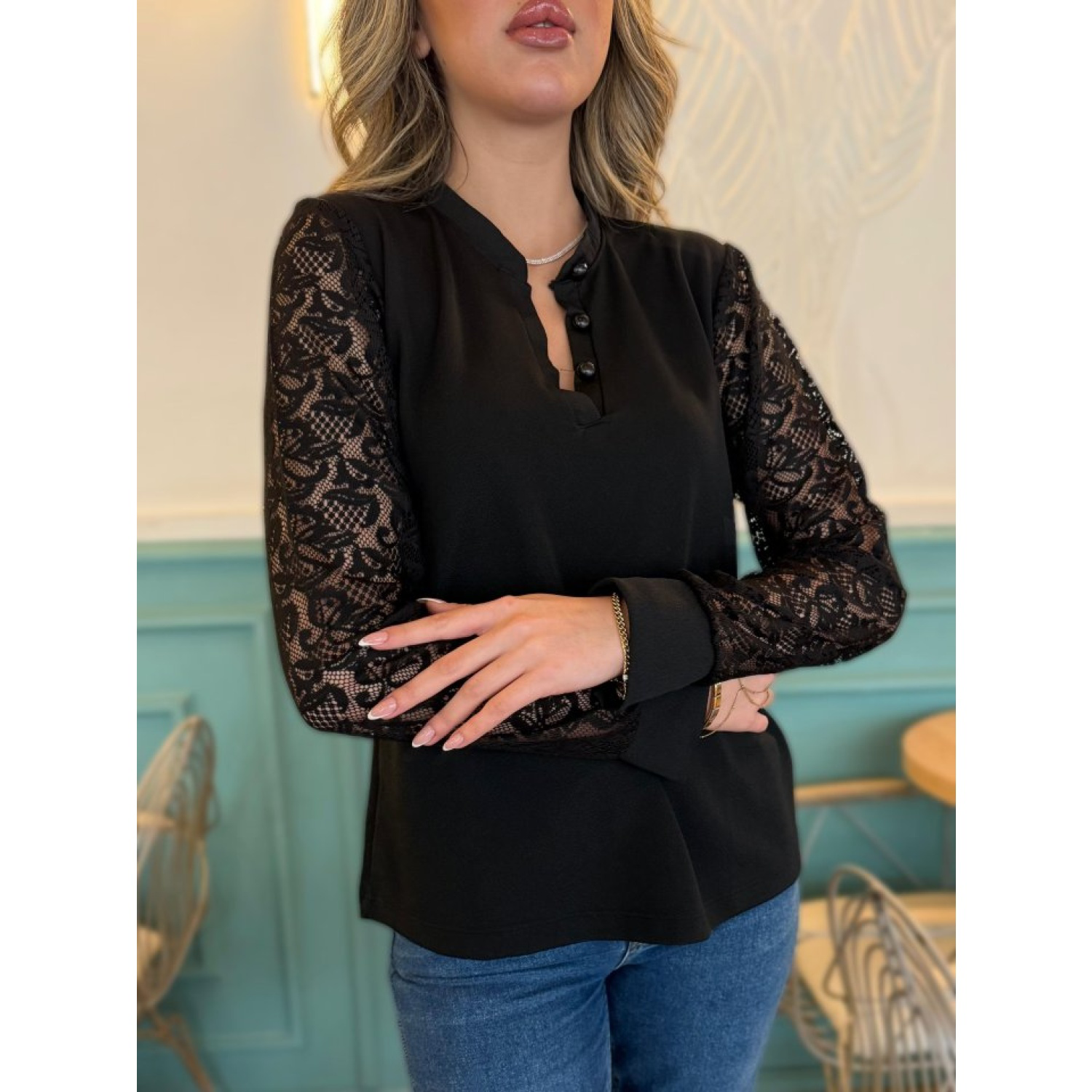 Lucky Life Kadın Uzun Kollu Kolları Dantelli Hakim Yaka Krep Bluz