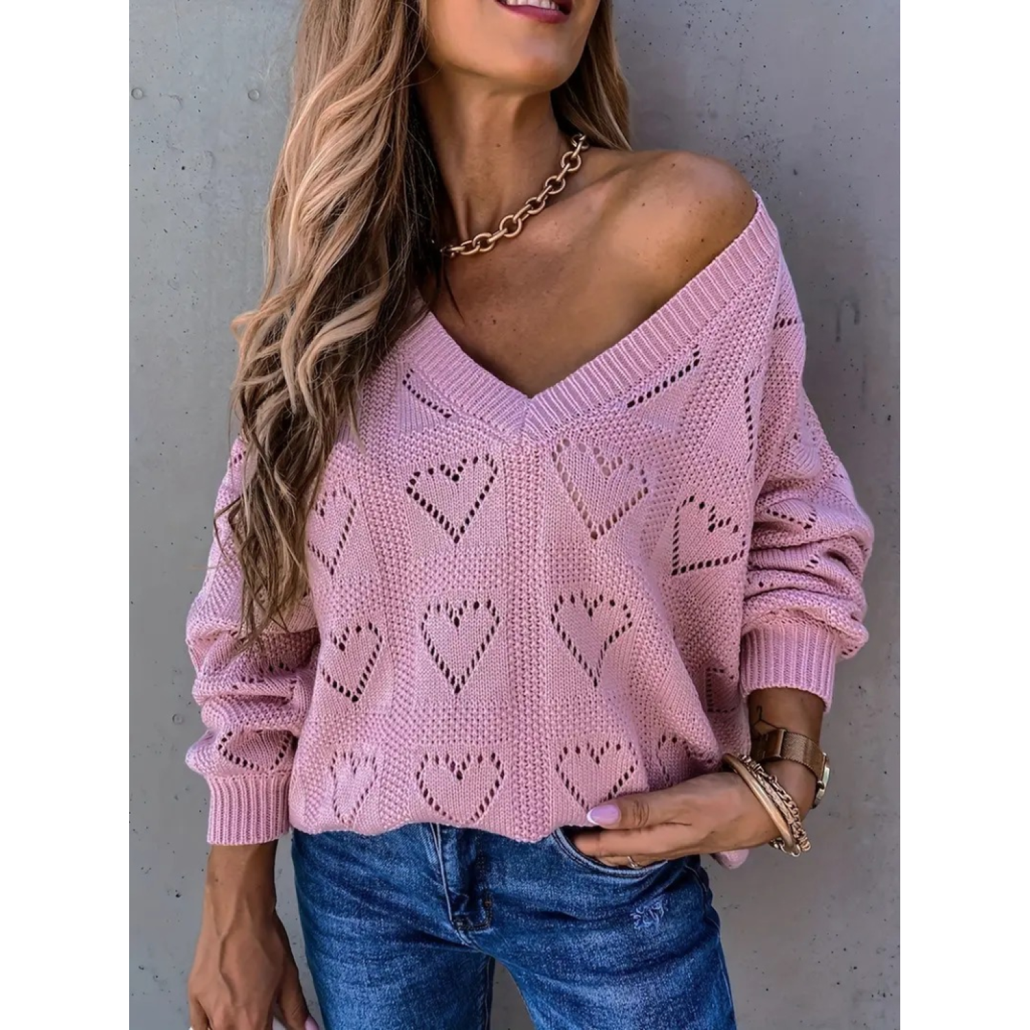 Lucky Life Kadın Uzun Kollu V Yakalı Kalpli Salaş Triko Bluz