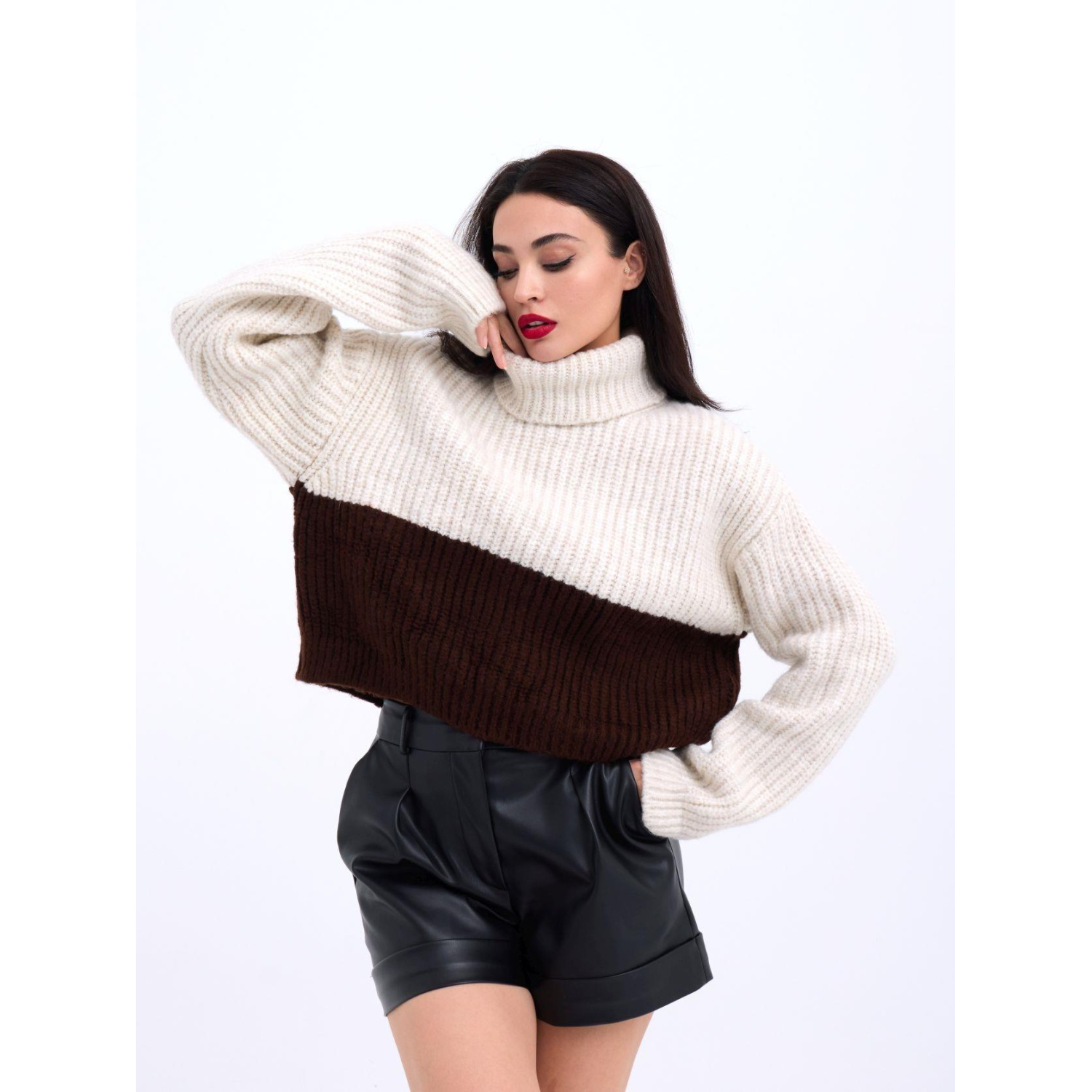 Lucky Life Kadın 04 TRİKO BALIKÇI ÇİZGİLİ KAZAK-KREM-KAHVE