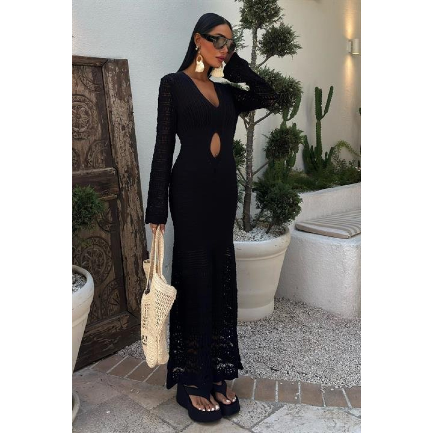 Lucky Life Kadın Göbek Dekolteli Ajurlu Elbise