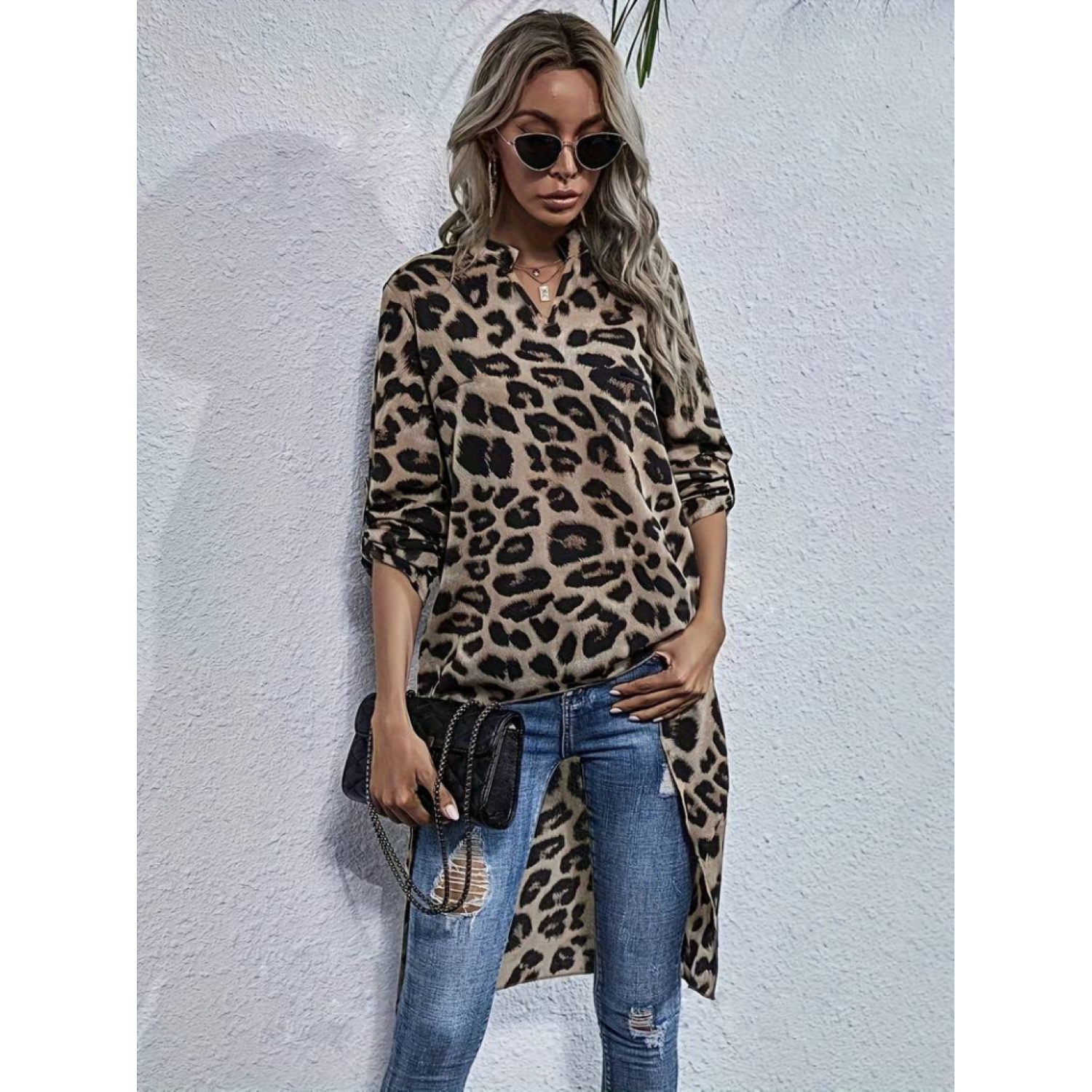 Lucky Life Kadın Uzun Kollu Hakim V Yakalı Leopar Desenli Asimetr Lucky Life Kadın Uzun Kollu Hakim V Yakalı Leopar Desenli Asimetr