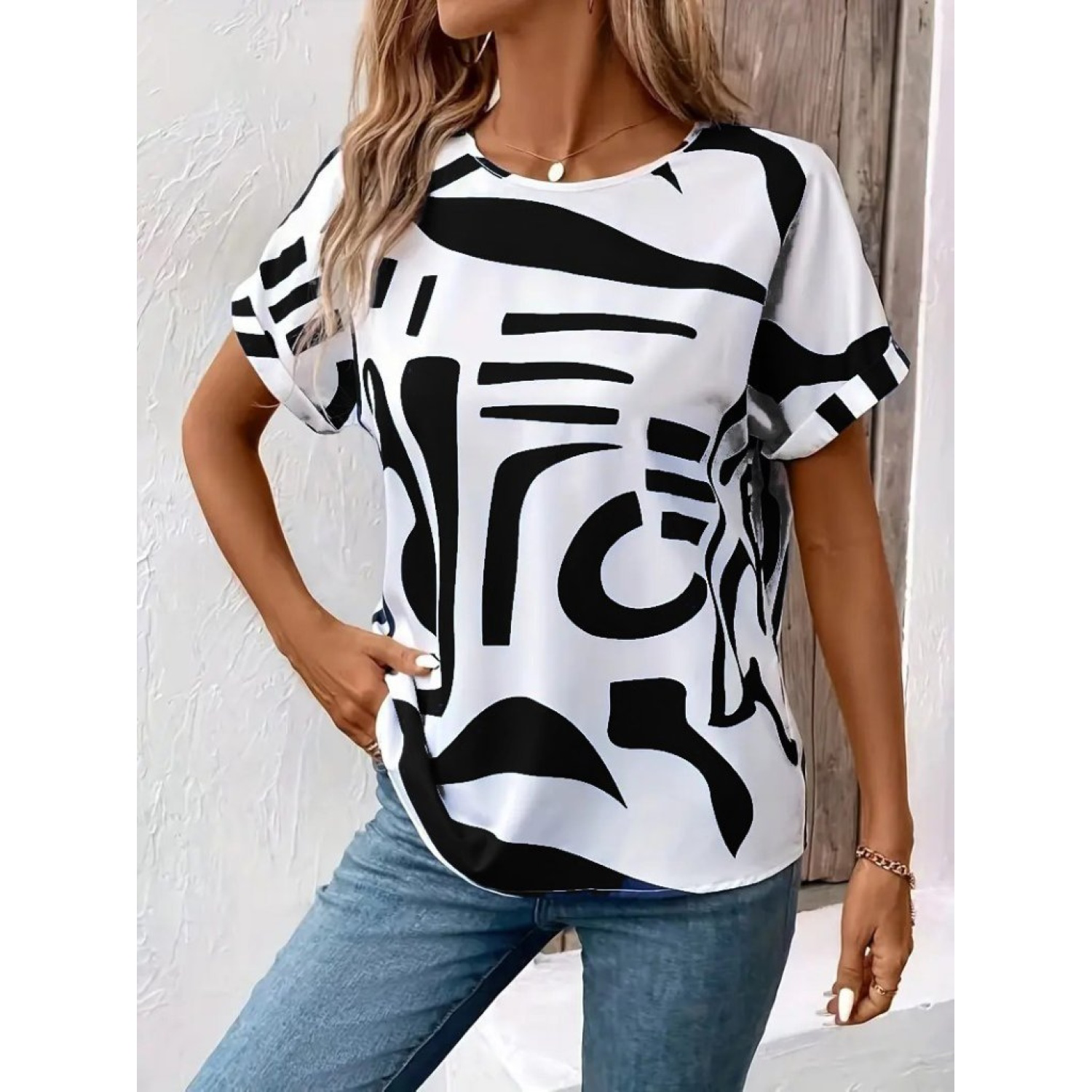 Lucky Life Kadın Kısa Kollu Yuvarlak Yaka Desenli Süprem Bluz