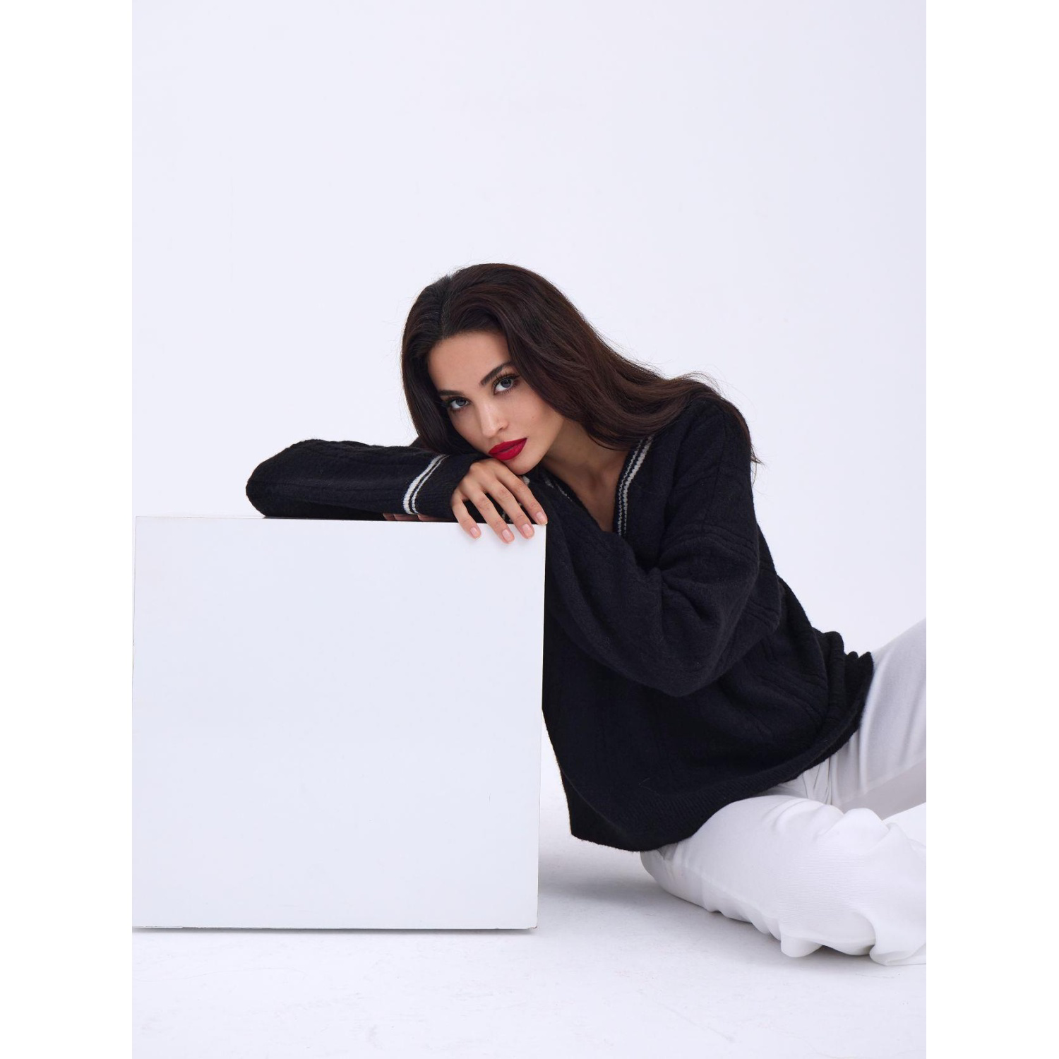 Lucky Life Kadın TRİKO V YAKA ÇİZGİLİ KAZAK-SİYAH-EKRU