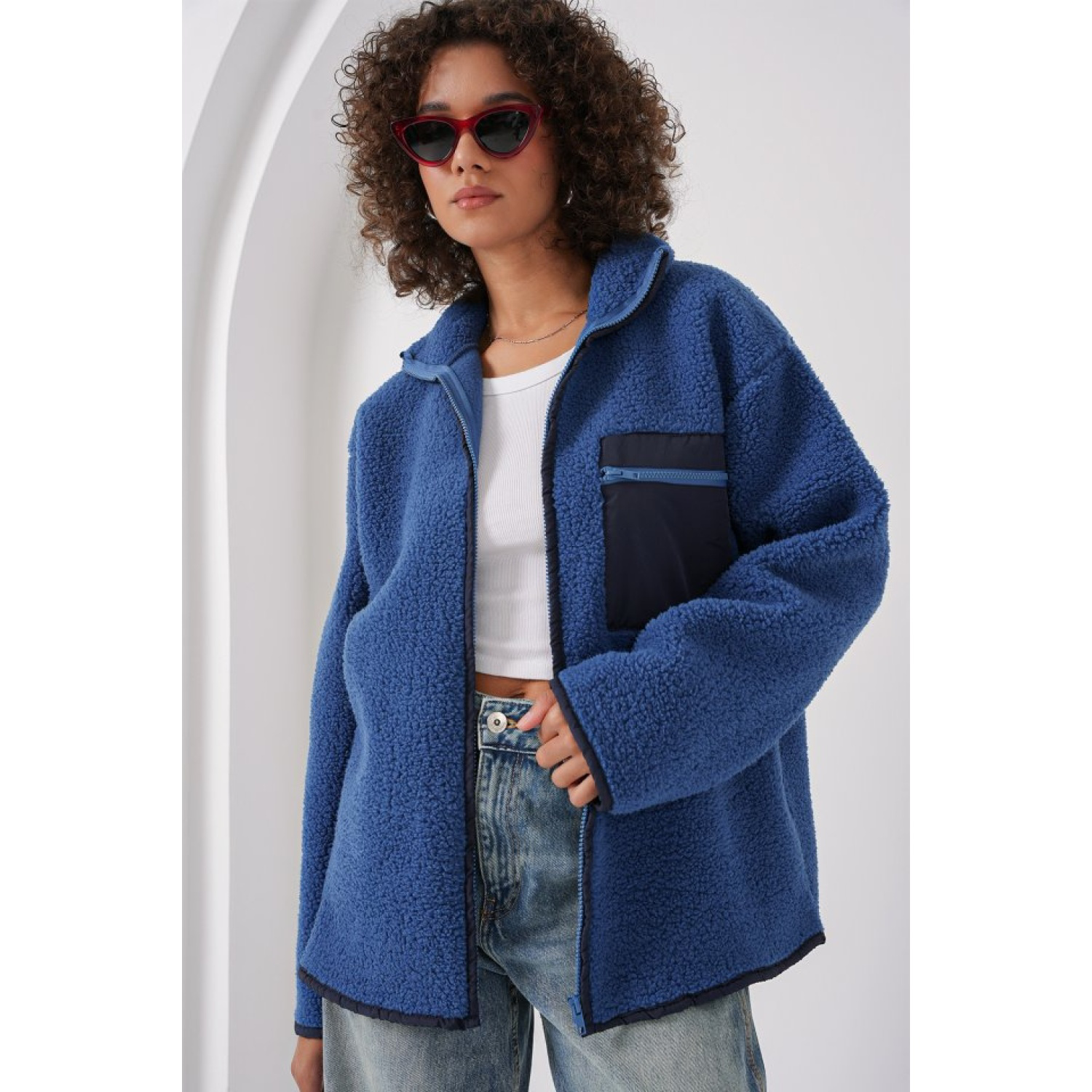 Lucky Life Kadın Fermuarlı Oversize Peluş Ceket - Saks