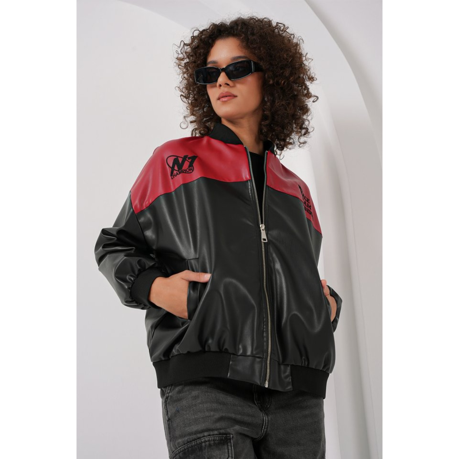 Lucky Life Kadın Baskılı Suni Deri Bomber Ceket - Bordo