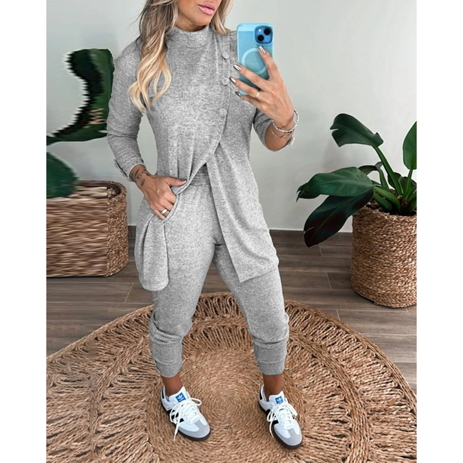 Lucky Life Kadın Uzun Kollu Balıkçı Yaka önden Düğmeli Bluz Ve Pa