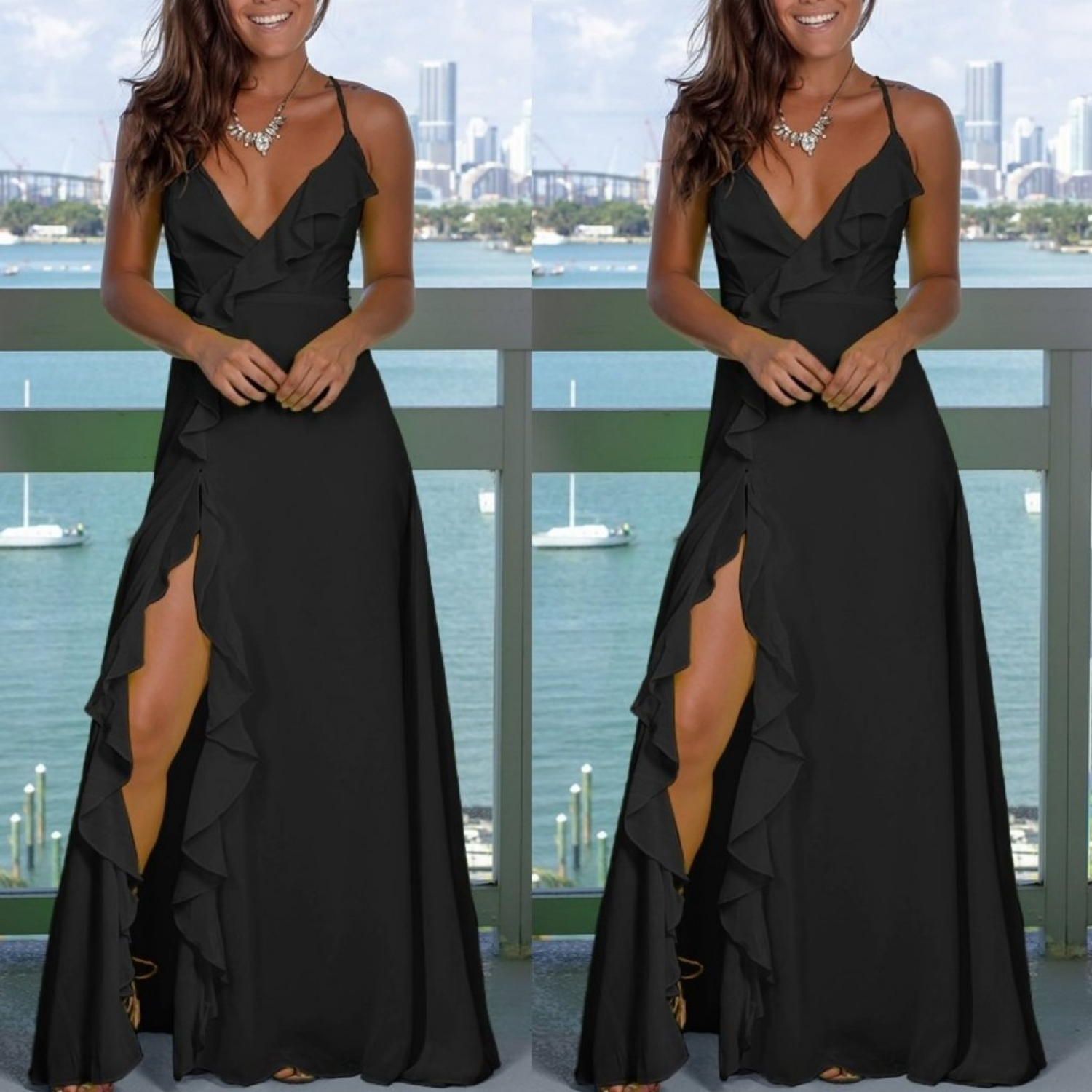 Lucky Life Kadın Ip Askılı Dekolteli Yırtmaç Detay Krep Elbise