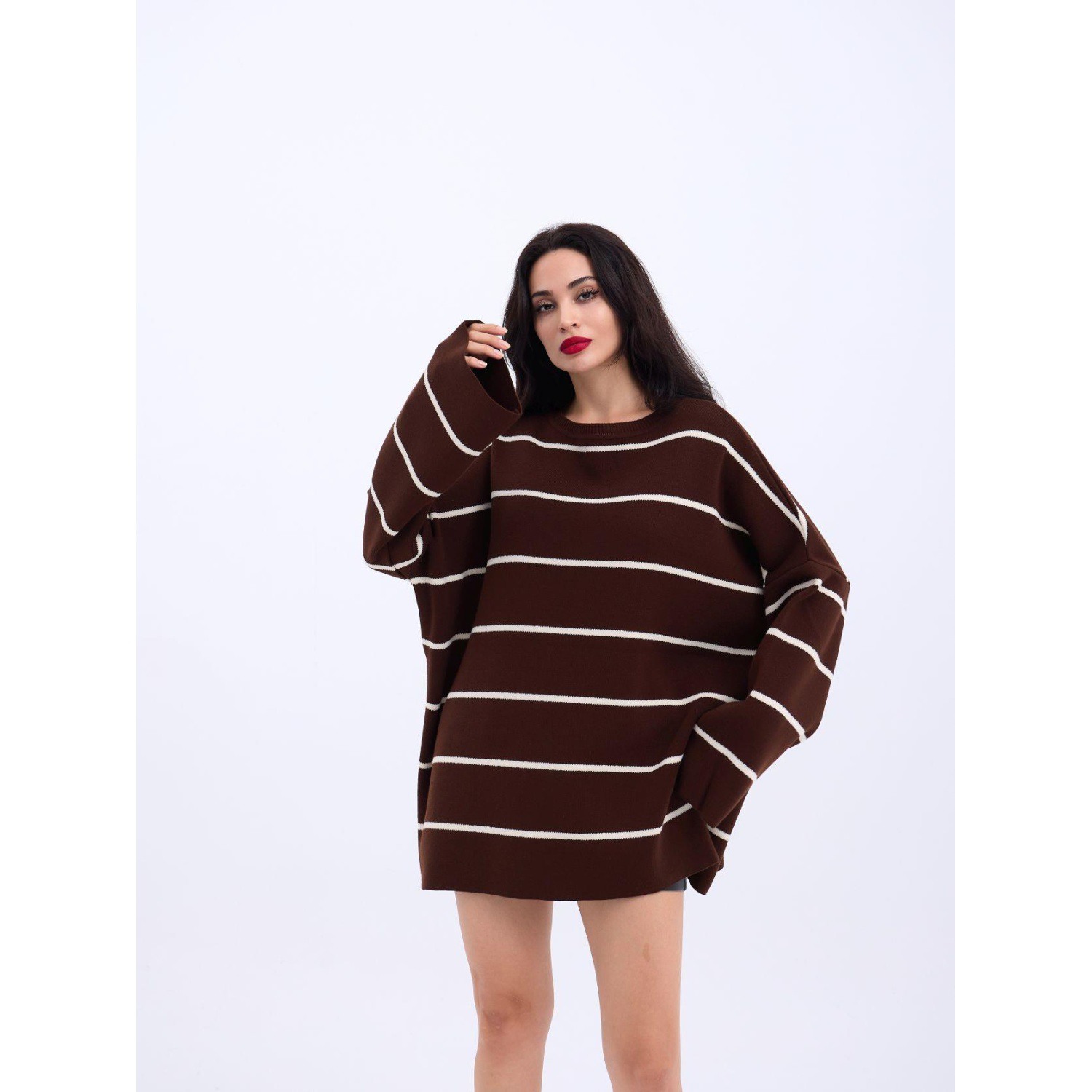 Lucky Life Kadın  ÇİZGİLİ SALAŞ TUNİK-KAHVE-KREM