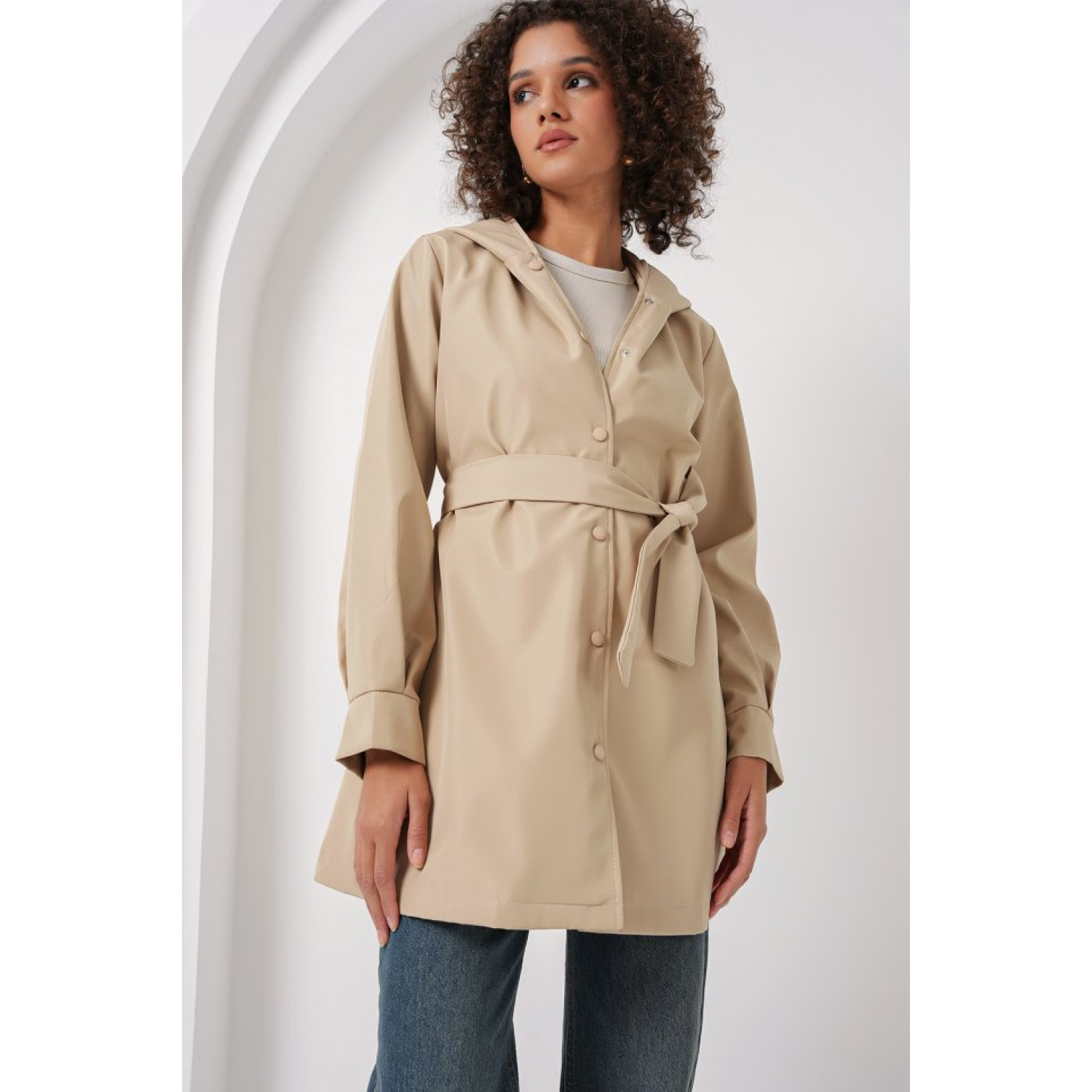 Lucky Life Kadın Kapüşonlu Trençkot - Bej