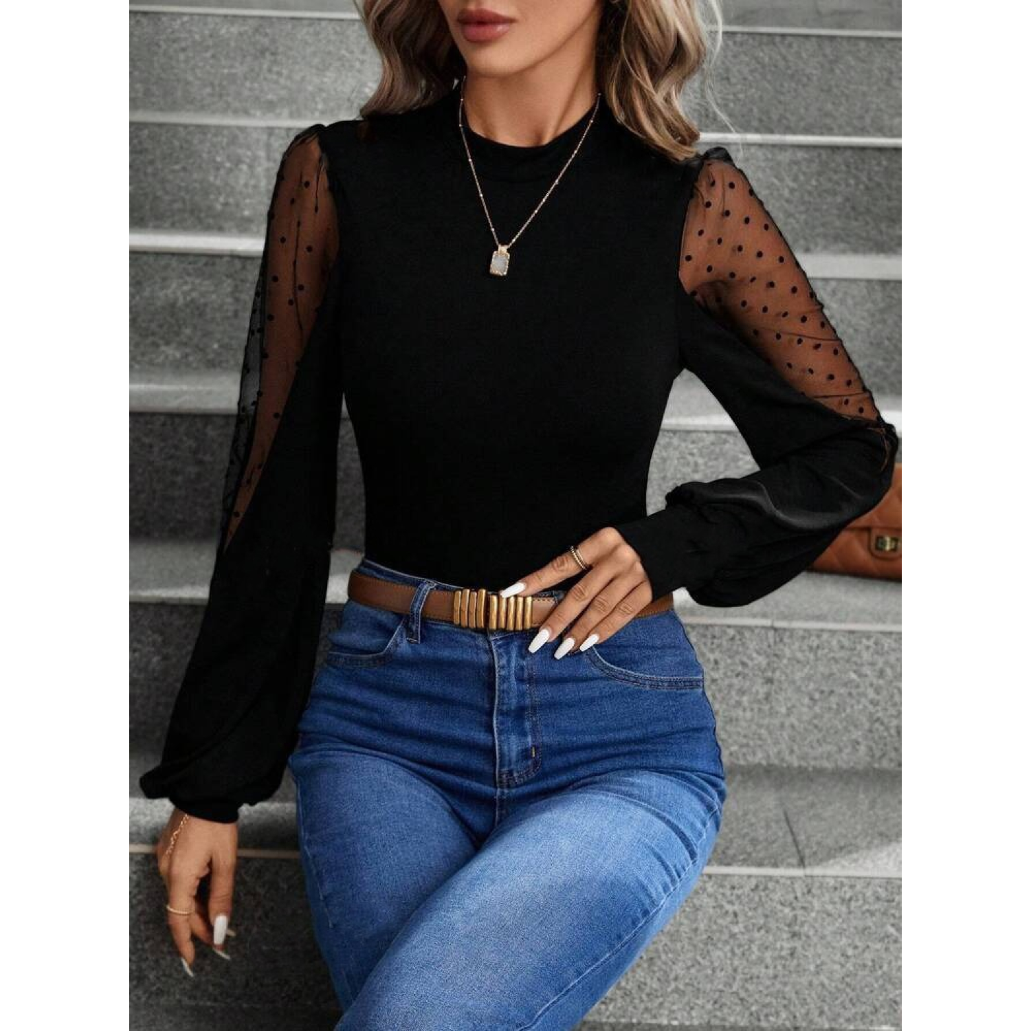 Lucky Life Kadın Uzun Kollu Yarı Balıkçı Yaka Kolları Tül Detaylı