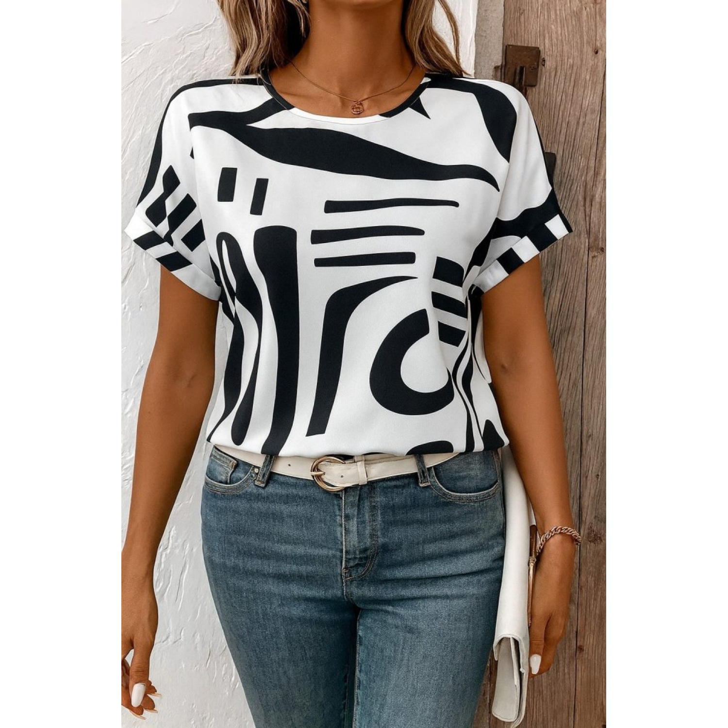 Lucky Life Kadın Kısa Kollu Yuvarlak Yaka Desenli Süprem Bluz