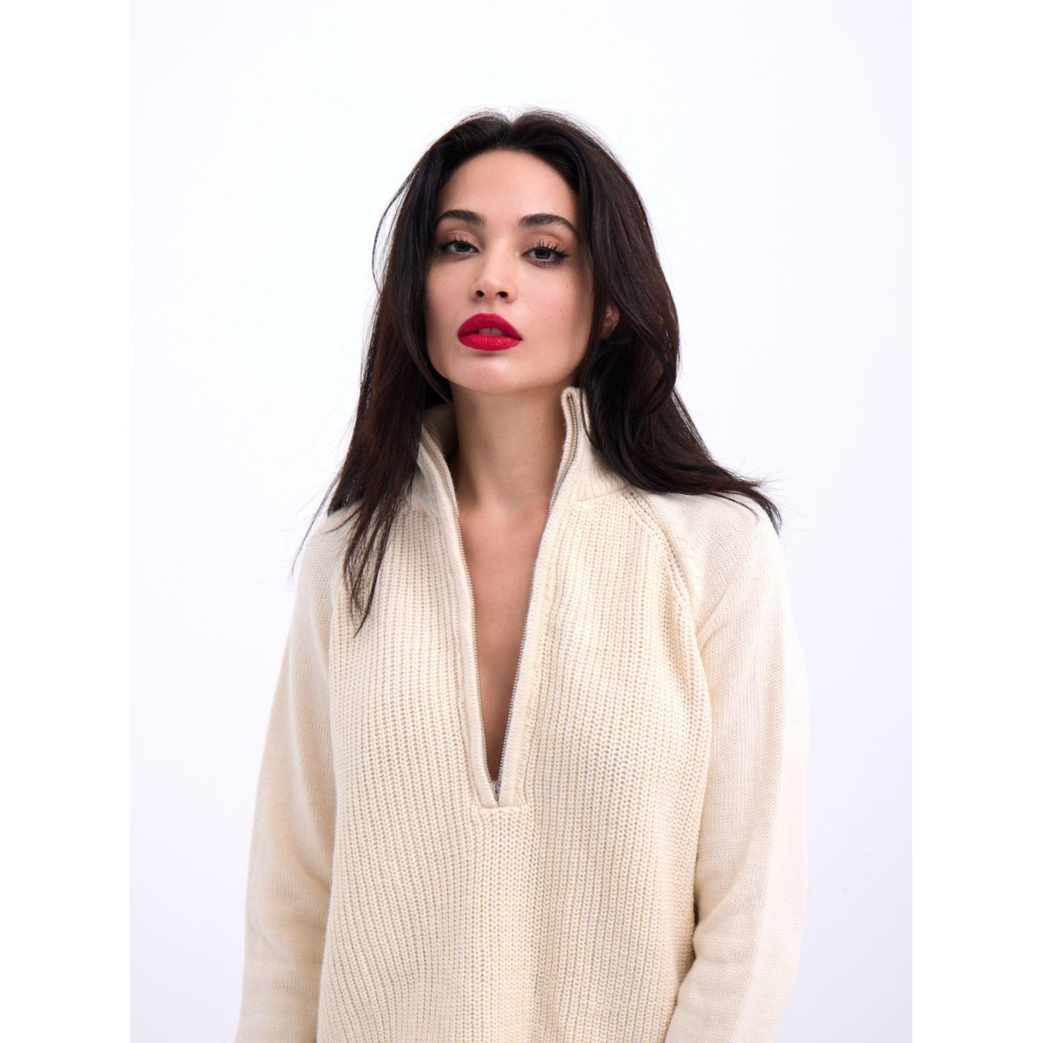 Lucky Life Kadın 09 FERMUARLI KAZAK-KREM