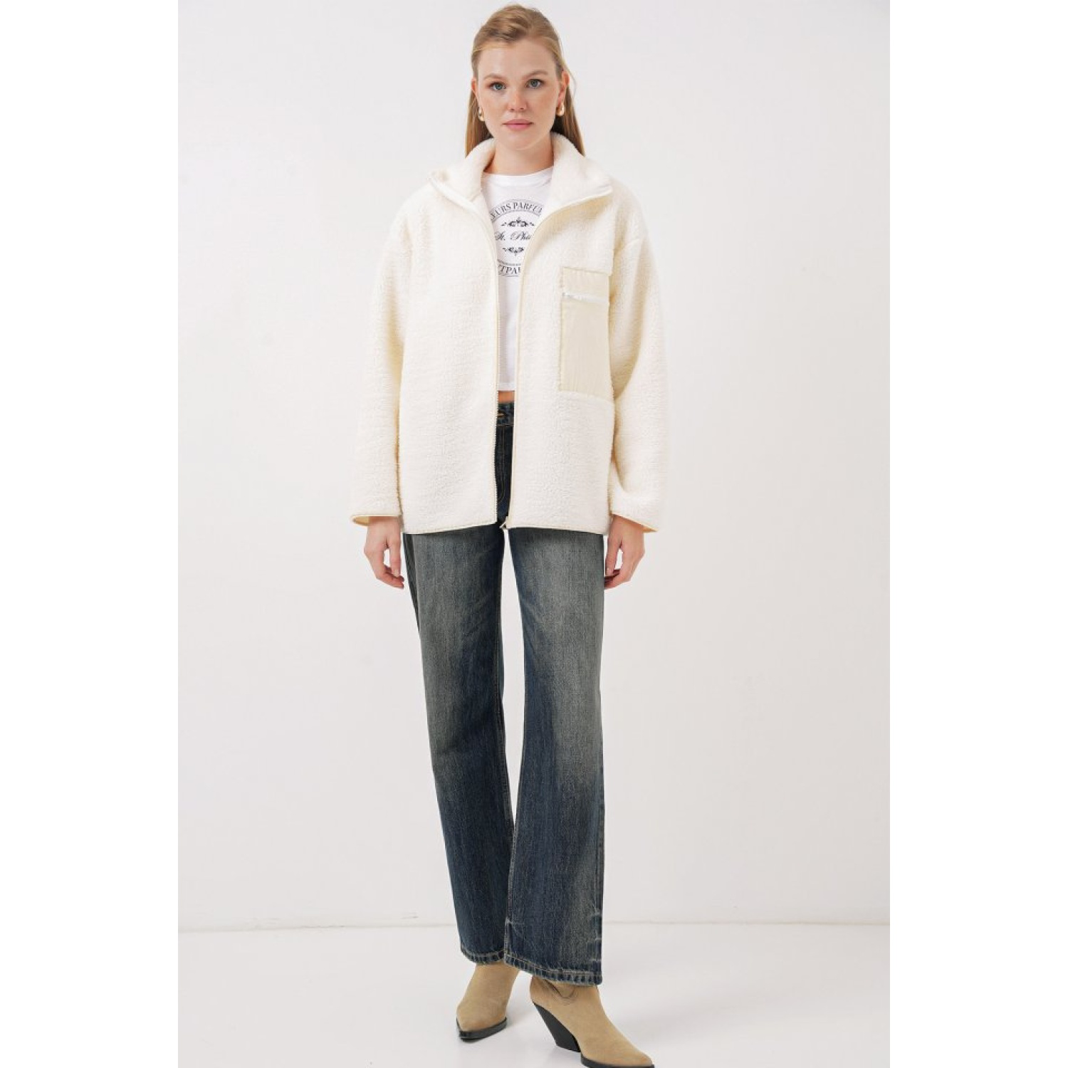 Lucky Life Kadın Fermuarlı Oversize Peluş Mont - Bej