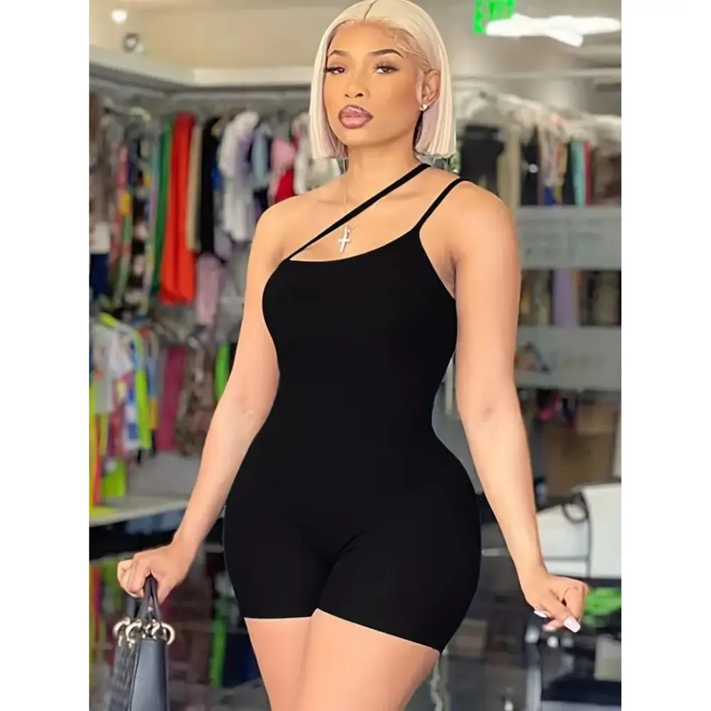 Lucky Life Kadın Asimetrik Askılı Mini Kaşkorse Bodycon Tulum