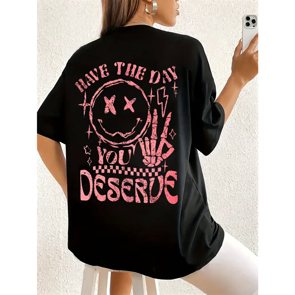 Lucky Life Kadın Baskılı Oversize Lucky Life Kadın Bisiklet Yaka
