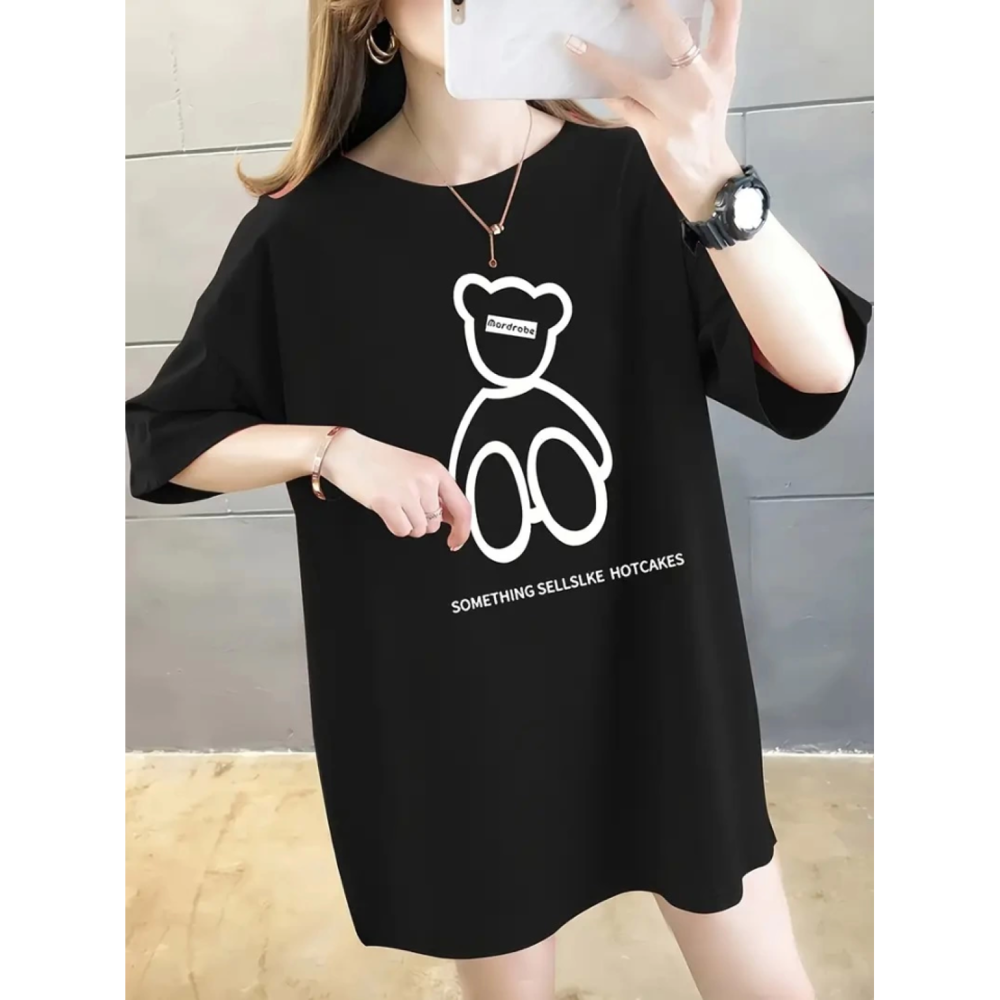 Lucky Life Kadın Baskılı Oversize Lucky Life Kadın Bisiklet Yaka