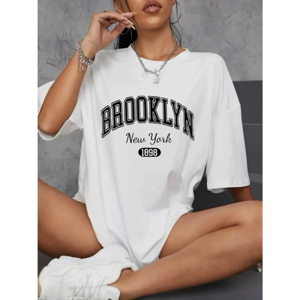 Lucky Life Kadın Baskılı Oversize Lucky Life Kadın Bisiklet Yaka