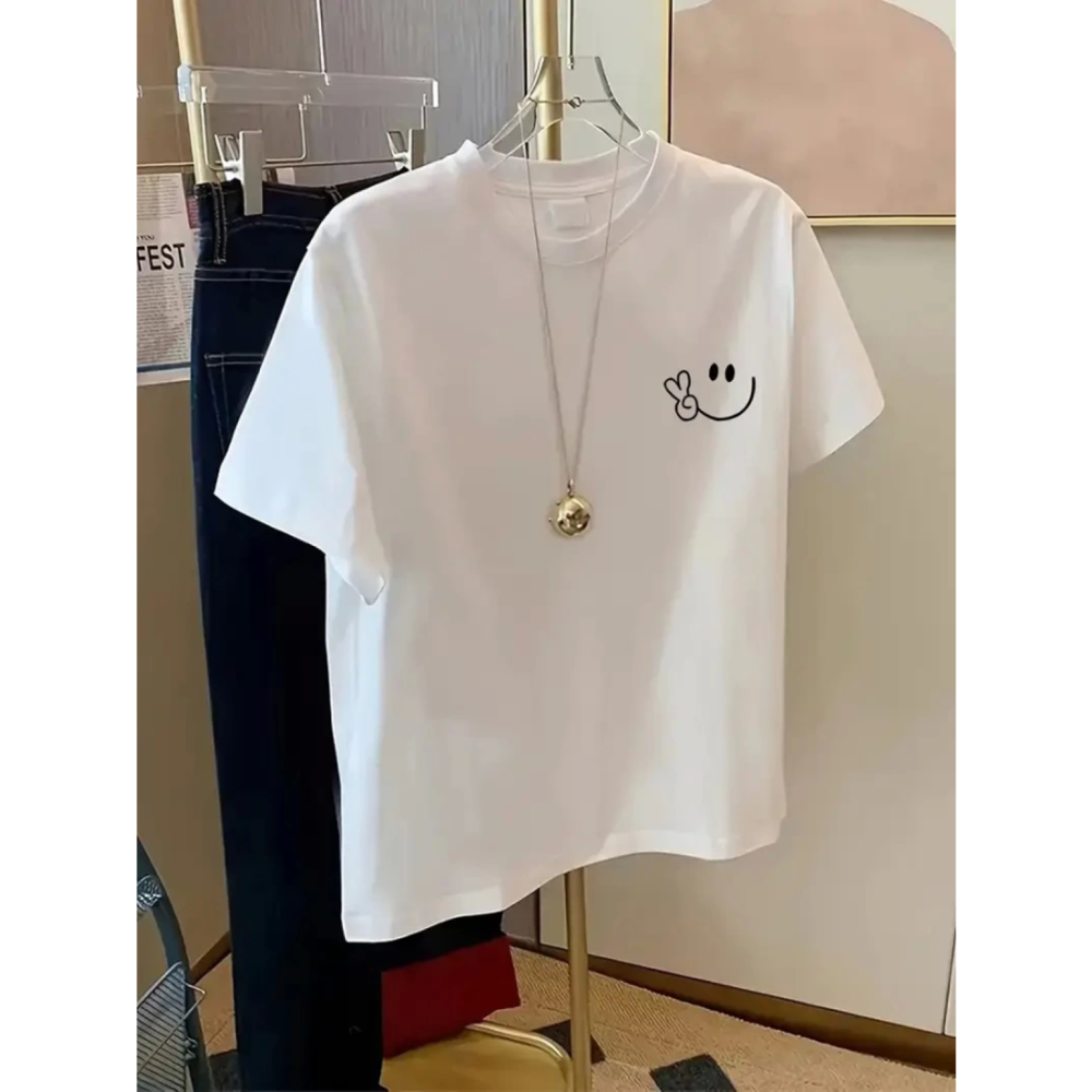 Lucky Life Kadın Baskılı Oversize Lucky Life Kadın Bisiklet Yaka