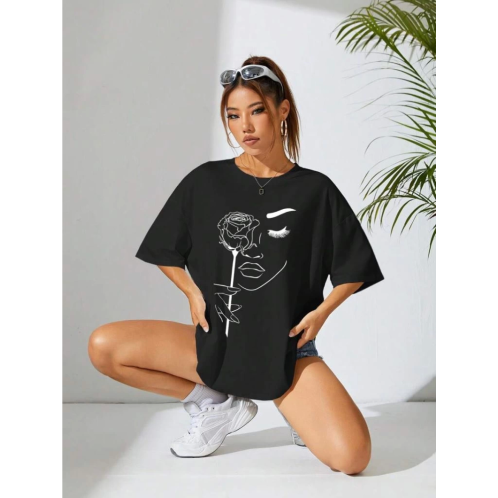 Lucky Life Kadın Baskılı Oversize T-shirt - Siyah