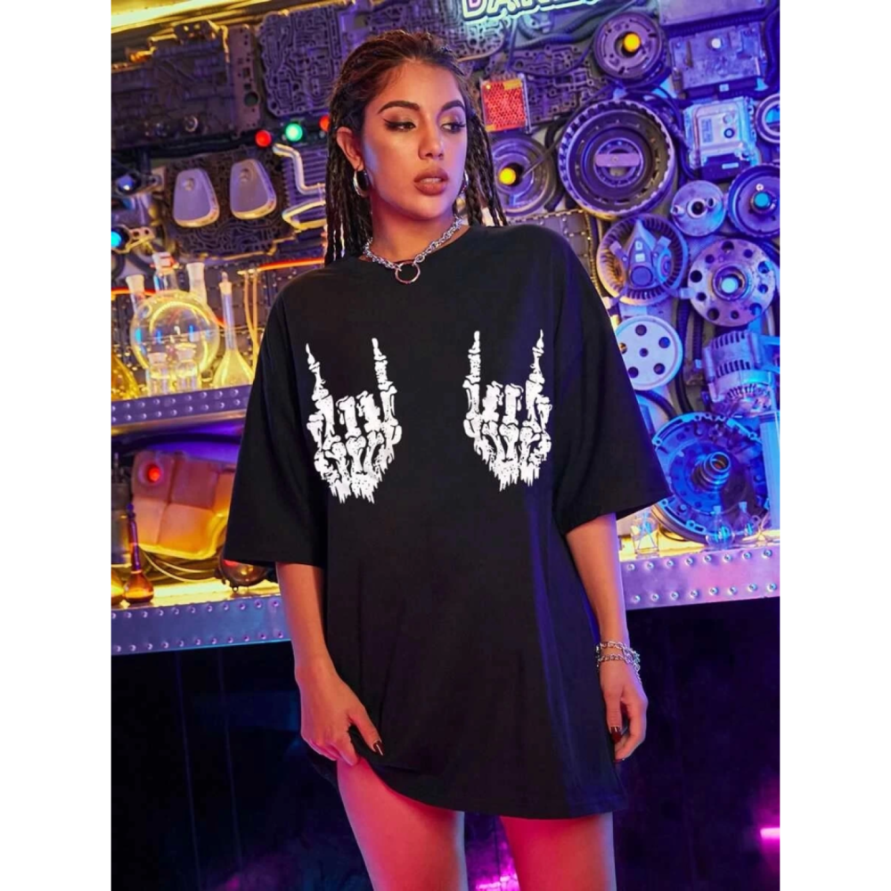 Lucky Life Kadın Baskılı Oversize T-shirt - Siyah