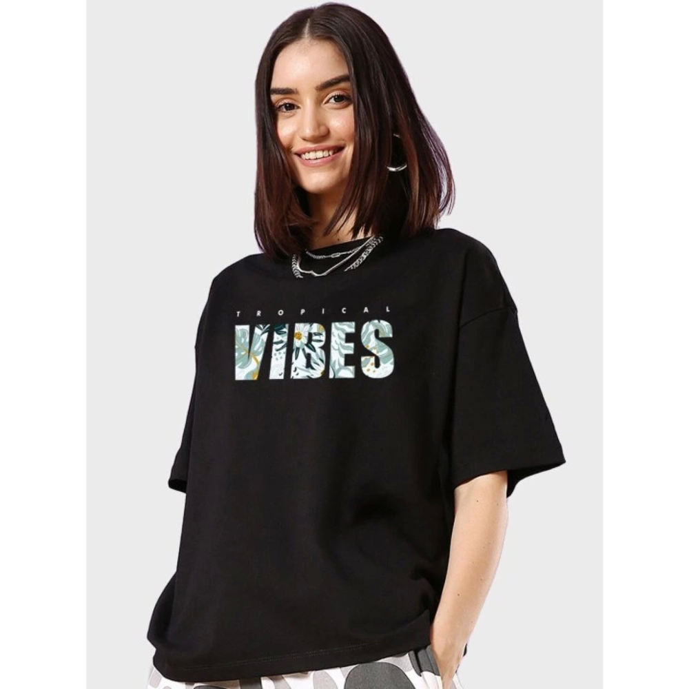 Lucky Life Kadın Baskılı Oversize T-shirt - Siyah