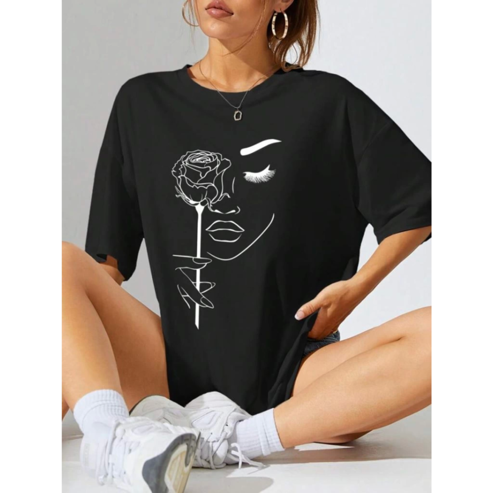 Lucky Life Kadın Baskılı Oversize T-shirt - Siyah