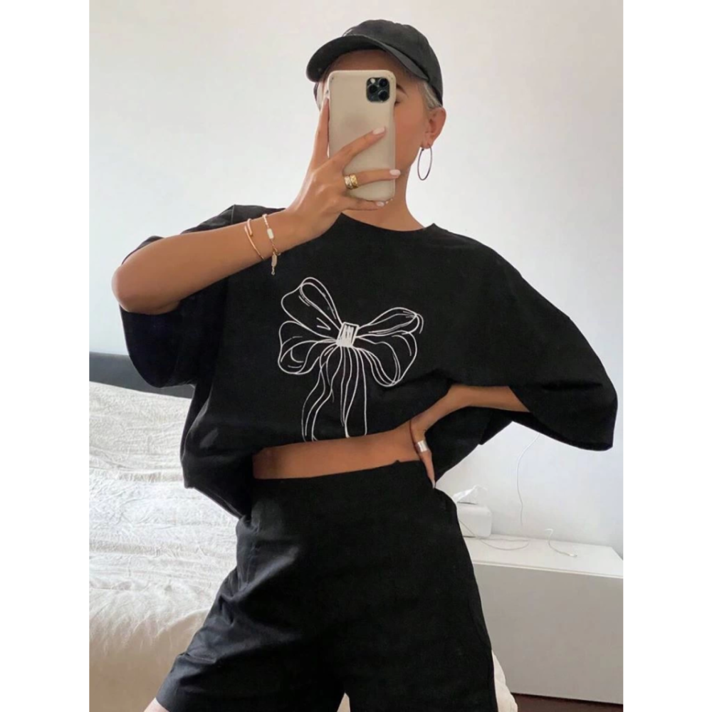 Lucky Life Kadın Baskılı Oversize T-shirt - Siyah