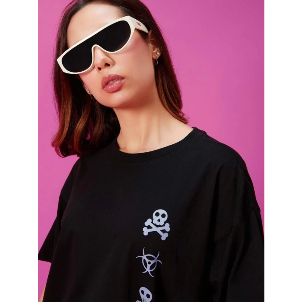 Lucky Life Kadın Baskılı Oversize T-shirt - Siyah