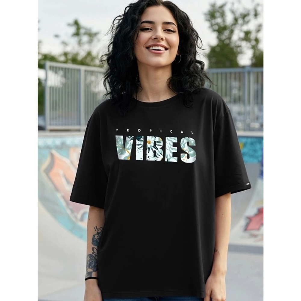 Lucky Life Kadın Baskılı Oversize T-shirt - Siyah
